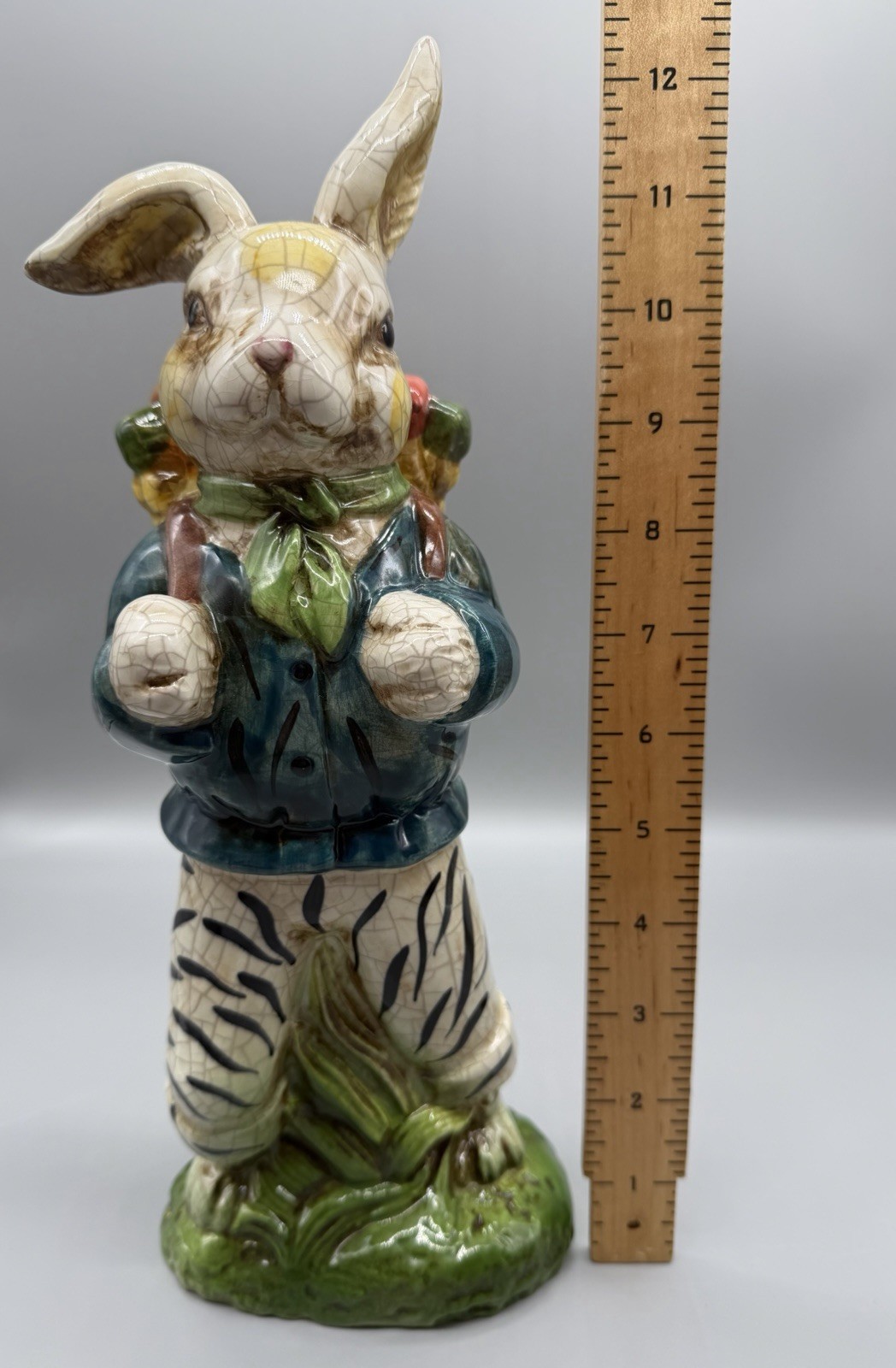 Vintage Ceramic Standing Crackle Rabbit Bunny Traveler w/ Basket Figurine Statue