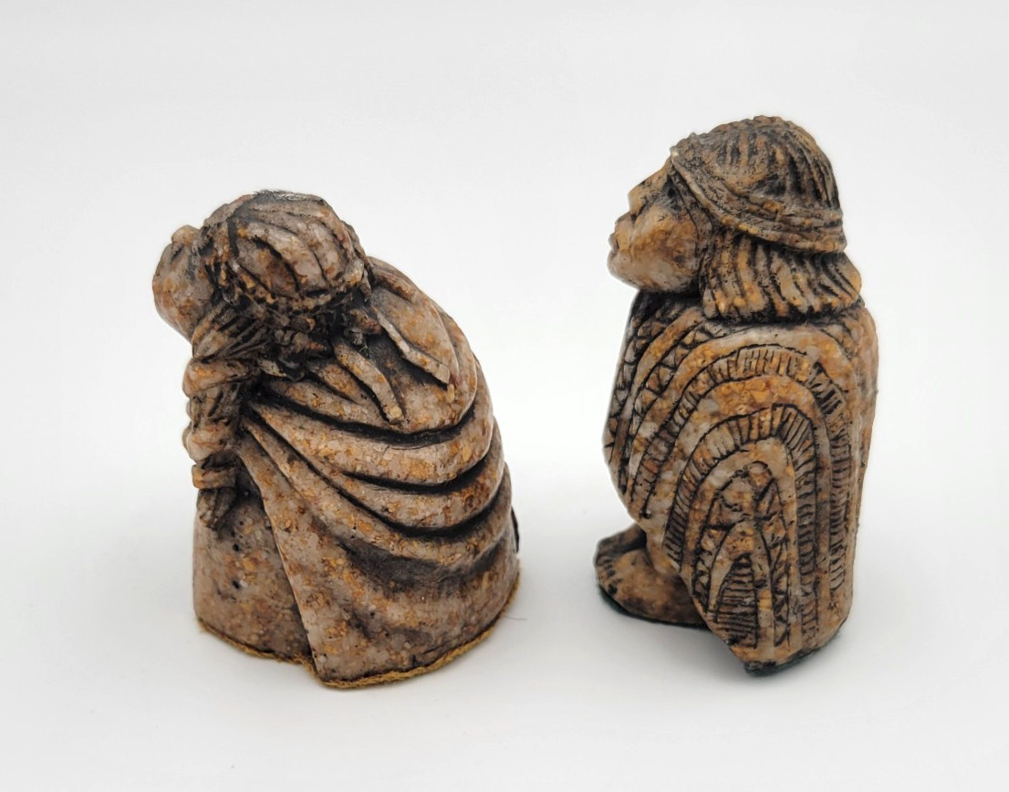 Vintage From Chile Carved Stone Folk Art Figurines Indigenous Man Woman Signed