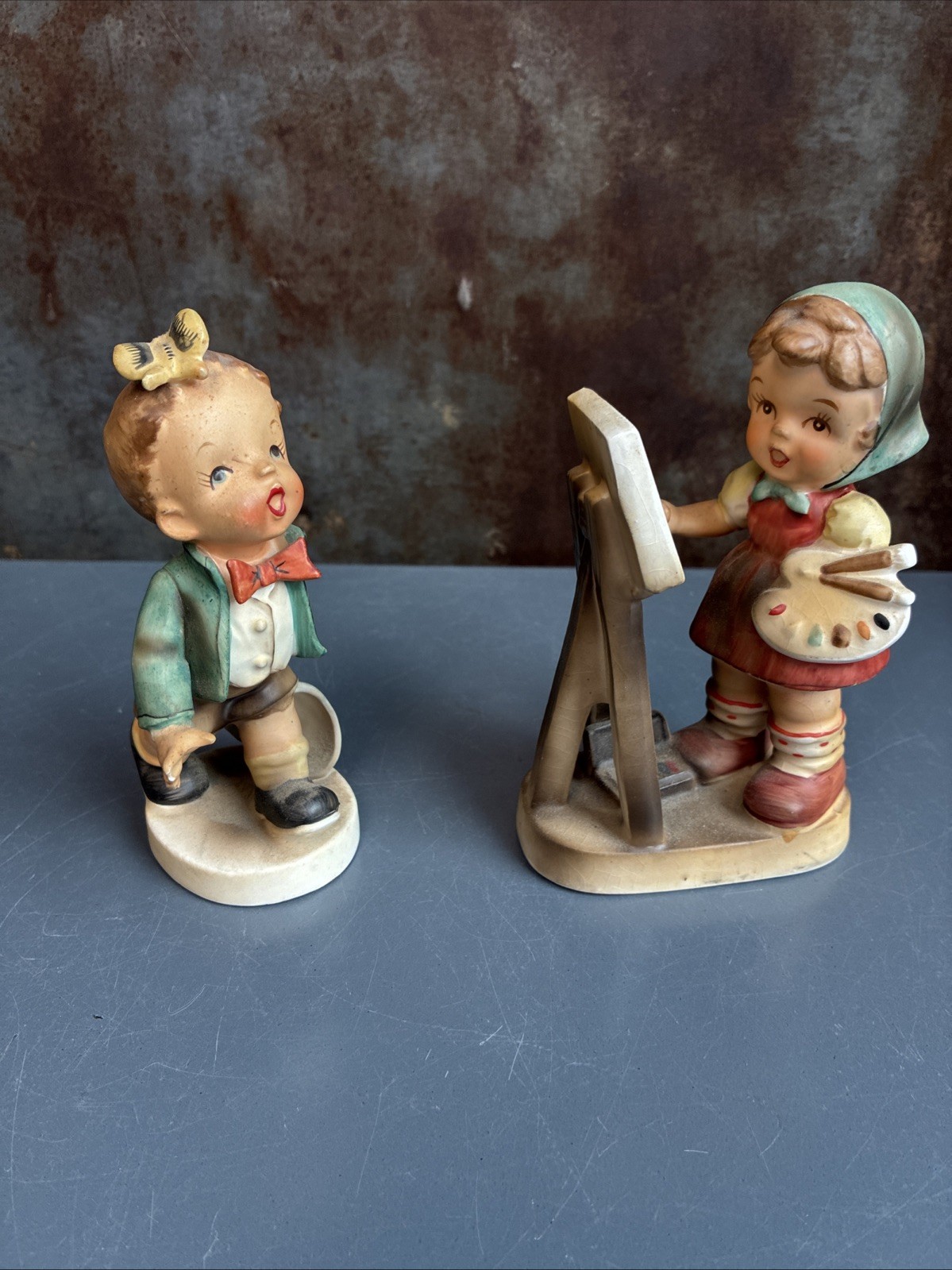 Vintage Porcelain Figurines Nature Boy and Little Painter Made In Japan