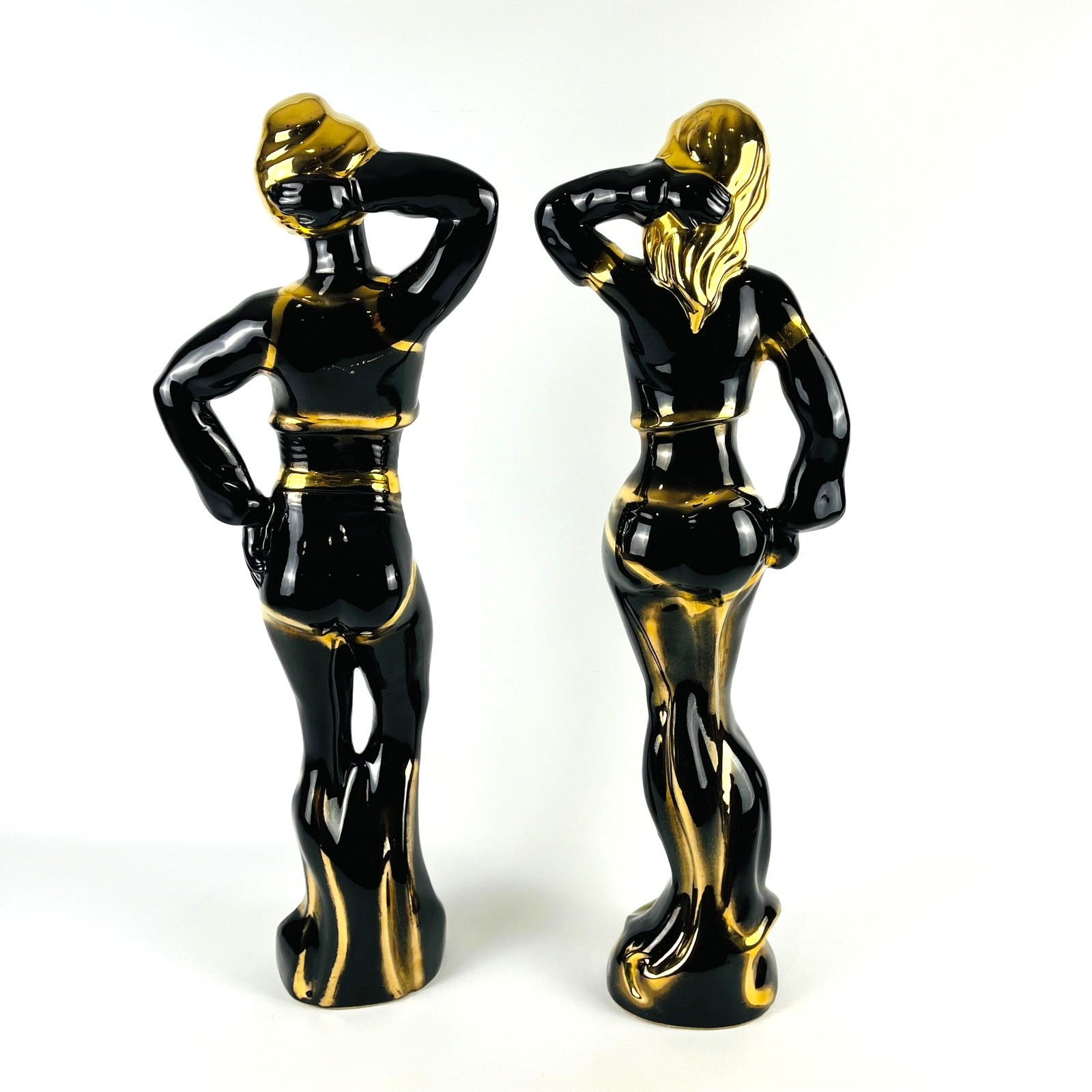 VTG 27″ Black Gold Ceramic Exotic Dancer Pair Hollywood Regency Tiki Blackamoor