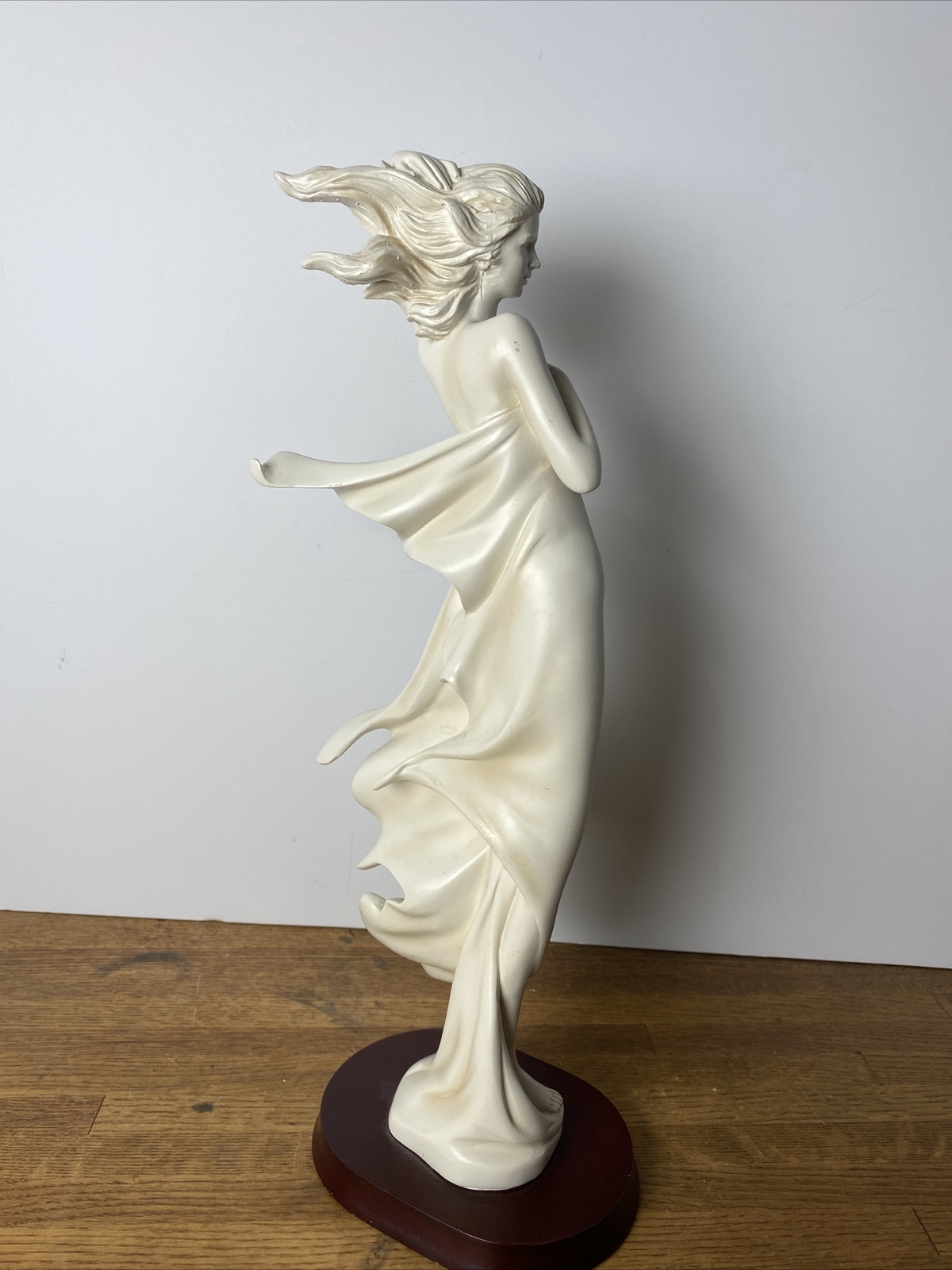 15” Woman in White Flowing Sheet Ivory Toned Sculpture On Wood Base