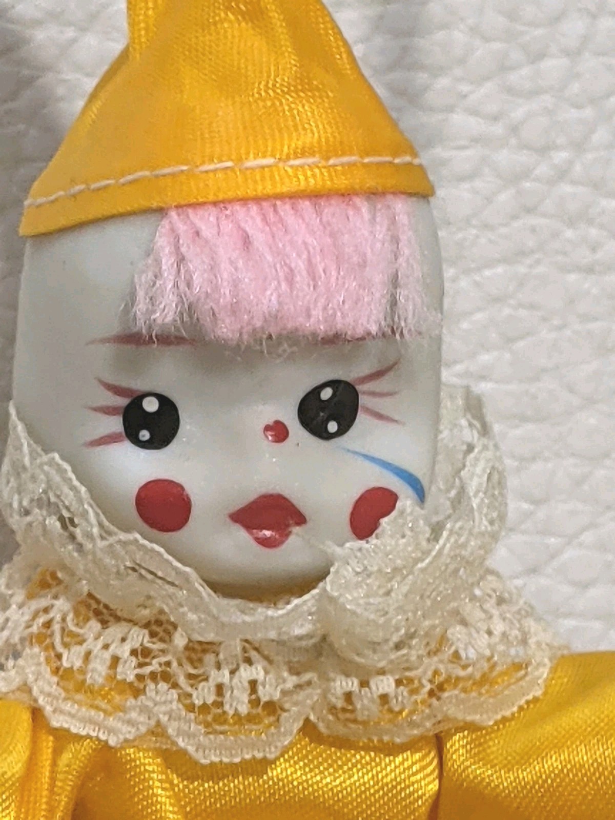Bisque Hanging Clown Doll Rainbow Hot Air Balloon Poseable Arms Yellow Satin Vtg