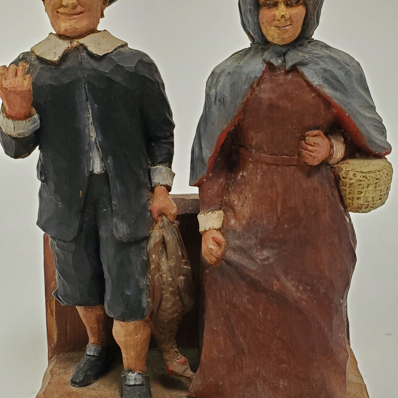 Vintage Hand Carved Pilgrim Couple Folk Art Figures Signed Mel W. Sisson 8″ x 5″