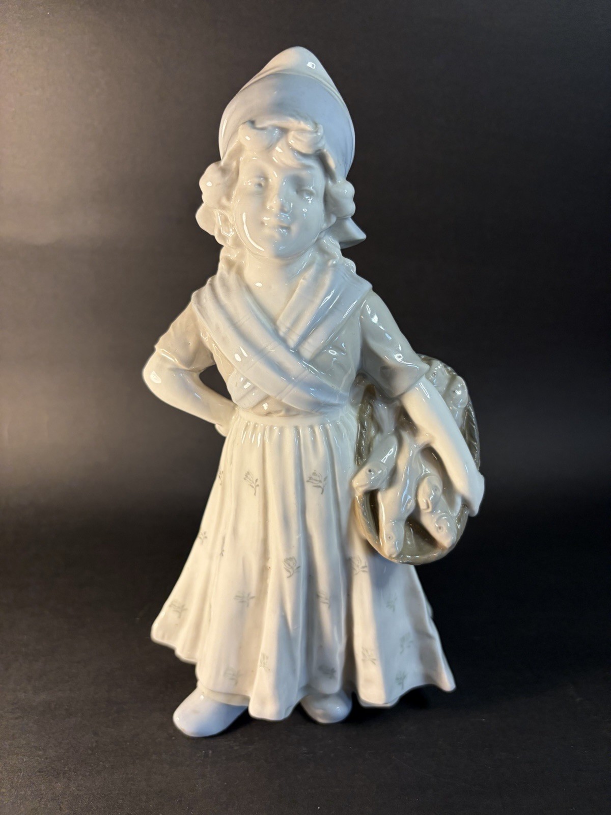 Gebruder Heubach Porcelain Girl Fishmonger Villager Figurine 8.5” Germany