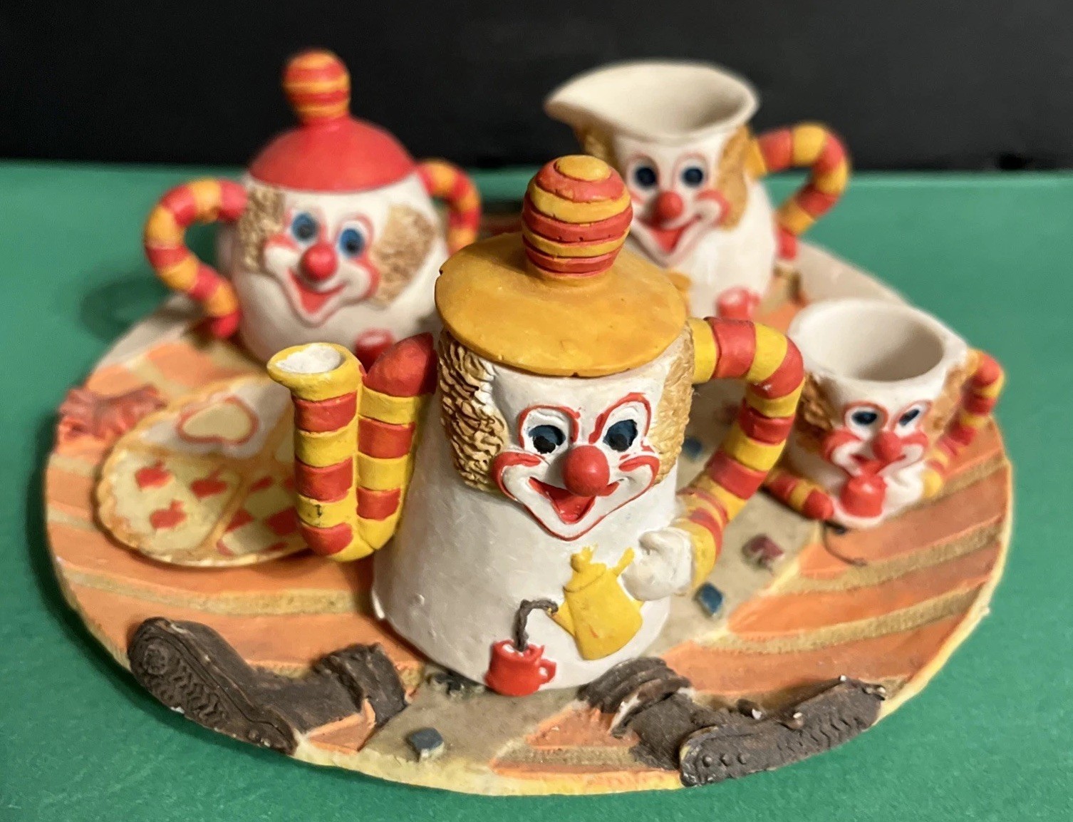 Miniature Tea Set 9 pc Happy Grinning Clown Faces Tea Party Pottery Resin 1970s