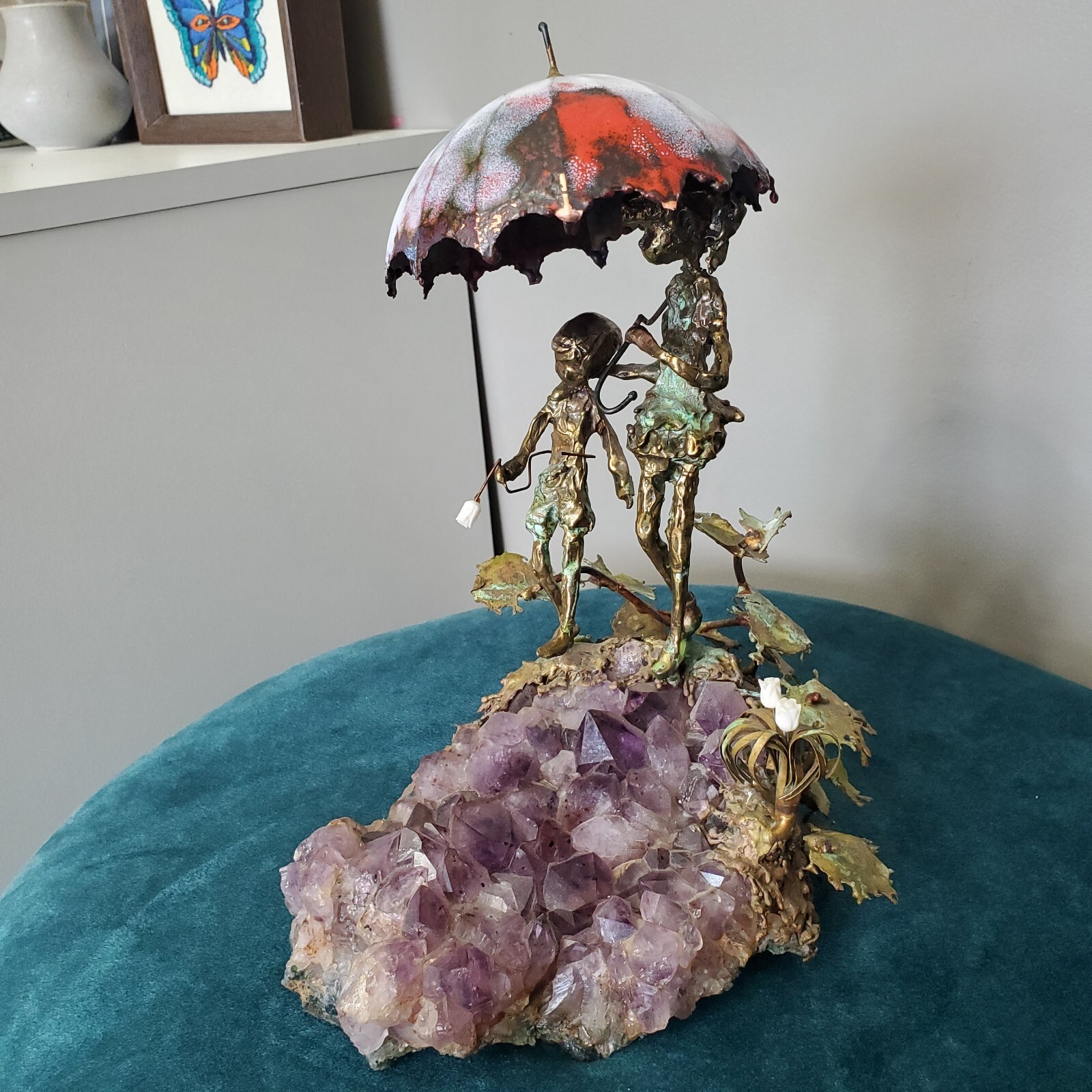 Amethyst Sculpture Young Girls Umbrella Flowers Leaves 9.5″ x 7″ x 6″ Unbranded