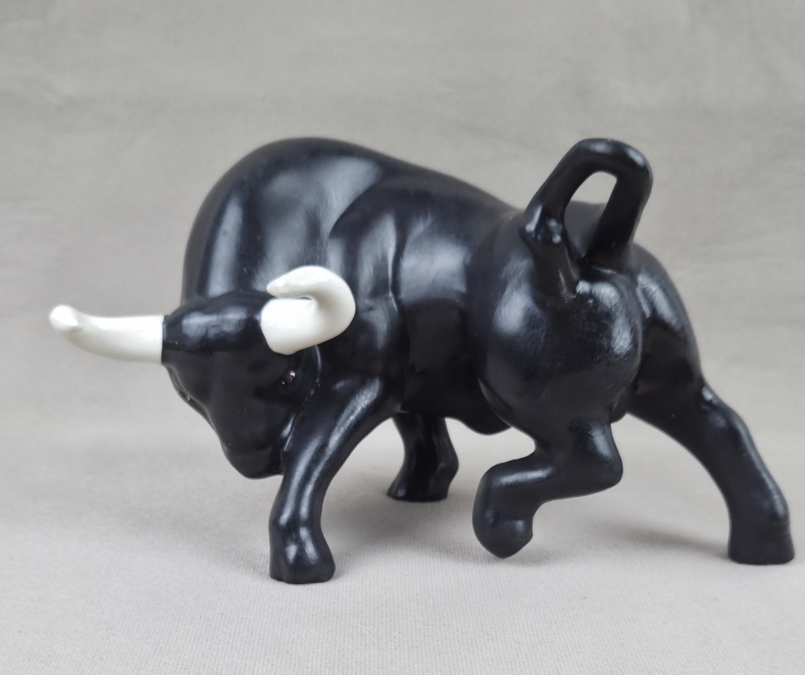 Vintage Black Ceramic Fighting Charging Bull Figurine 10.5″ Long MCM Decor