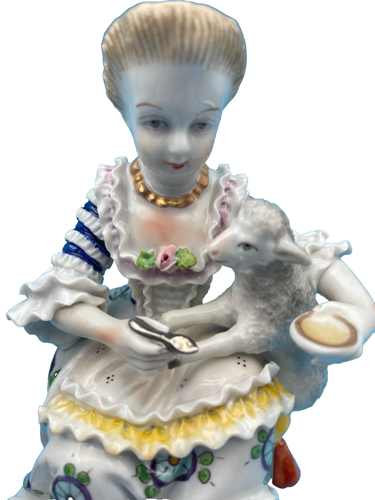 Beautiful Sitzendorf Boy Holding a Lamb & Girl Holding & Feeding a Lamb