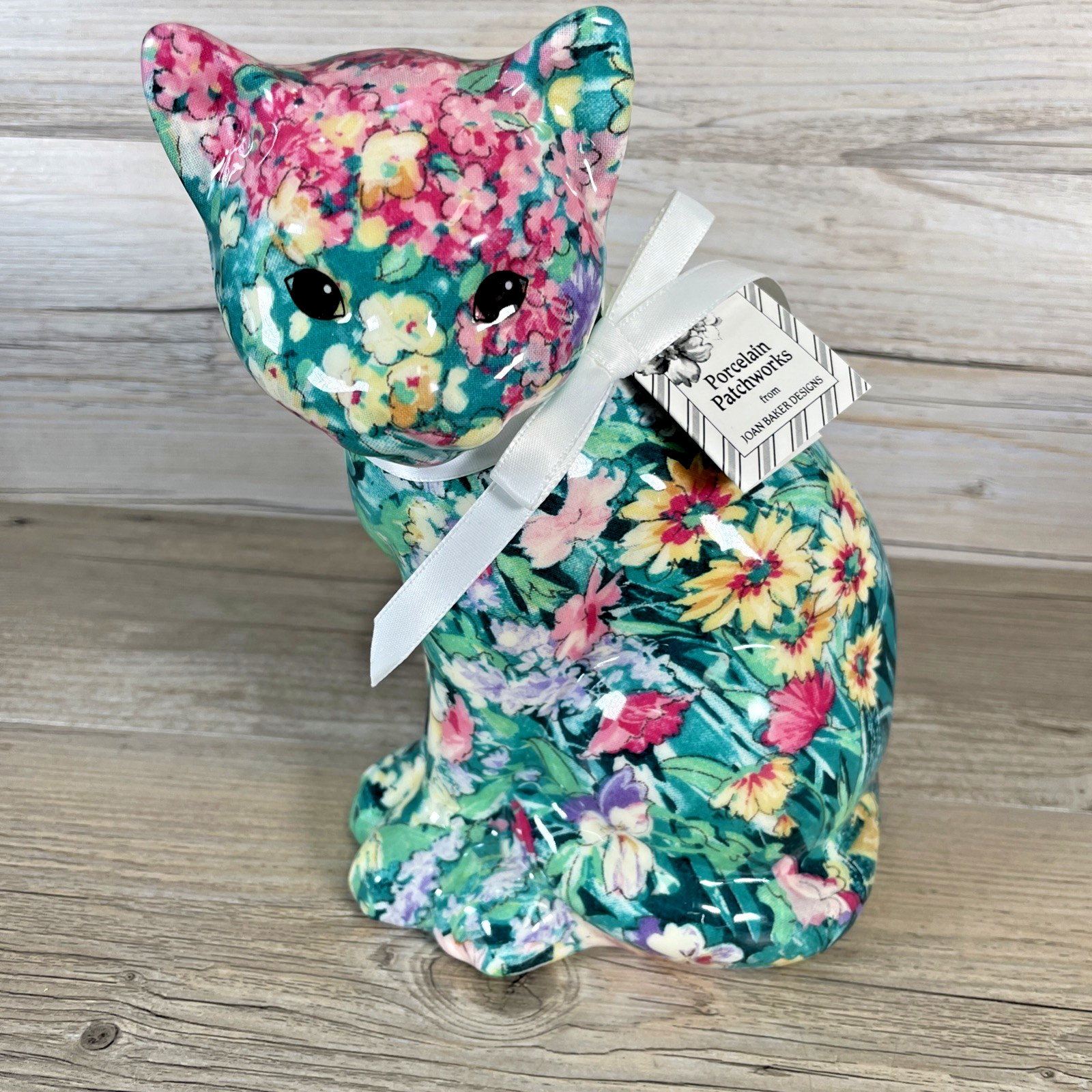 Joan Baker Floral Decoupage Porcelain Patchworks Cat Figurine Cottage Core w/Tag