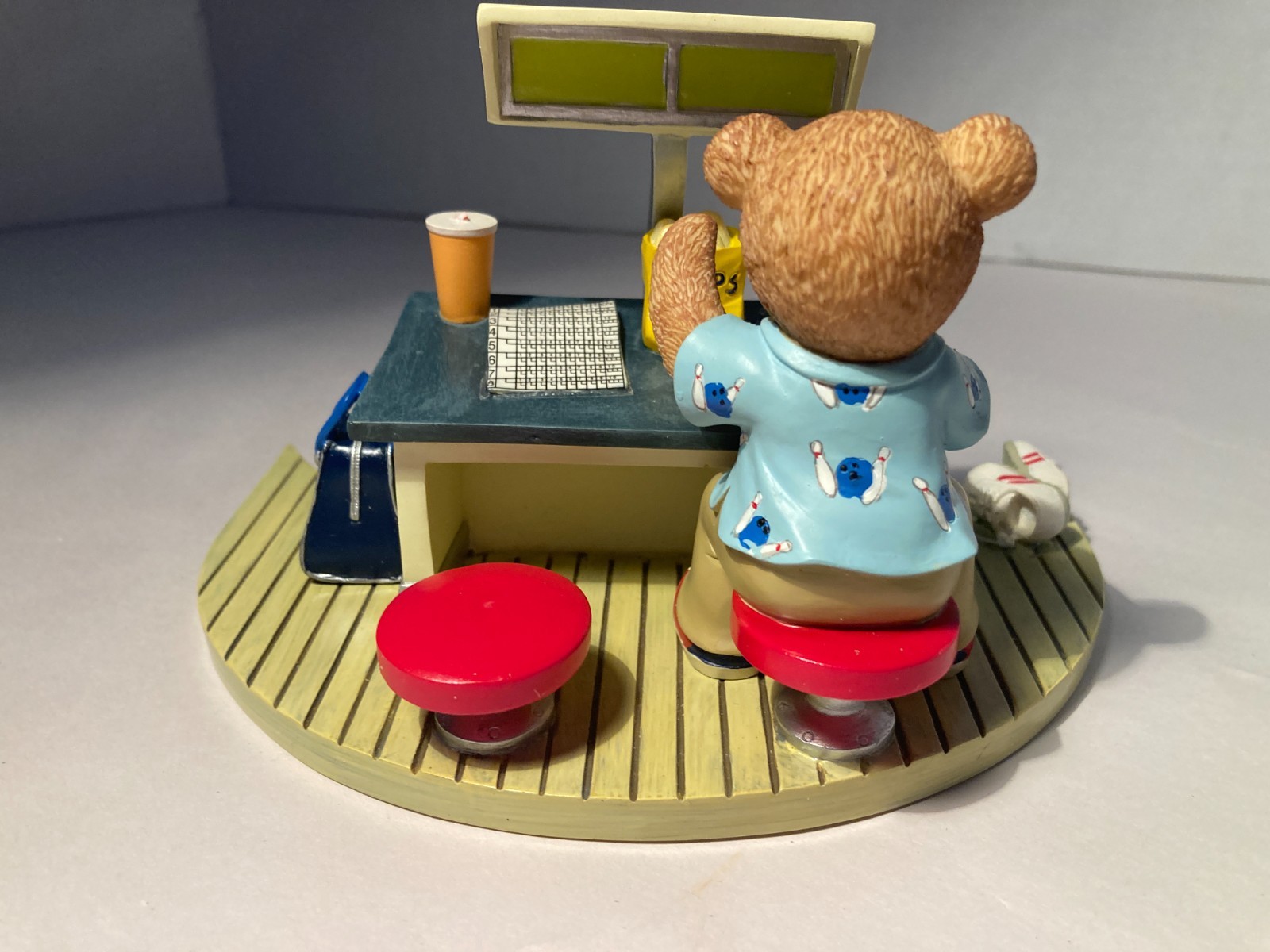 Teddy Bear Bowler Bowling Figurine VERY CUTE…HAVING A SNACK
