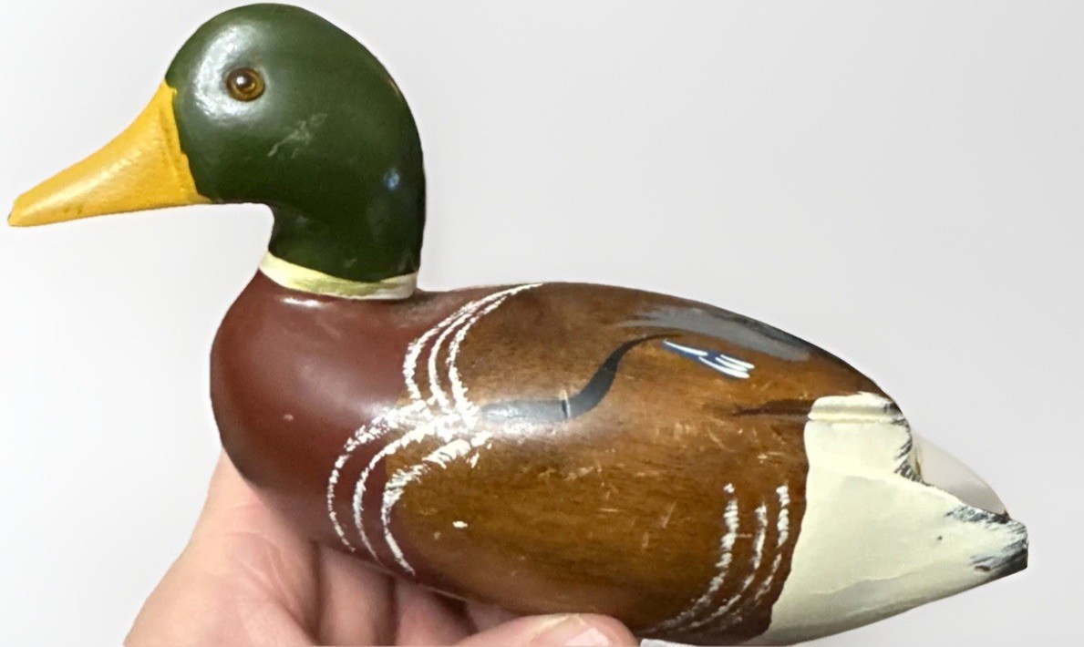 VTG Small 7” Painted Carved Wooden Duck Mallard Decoy Glass Eyes Figurine Decor