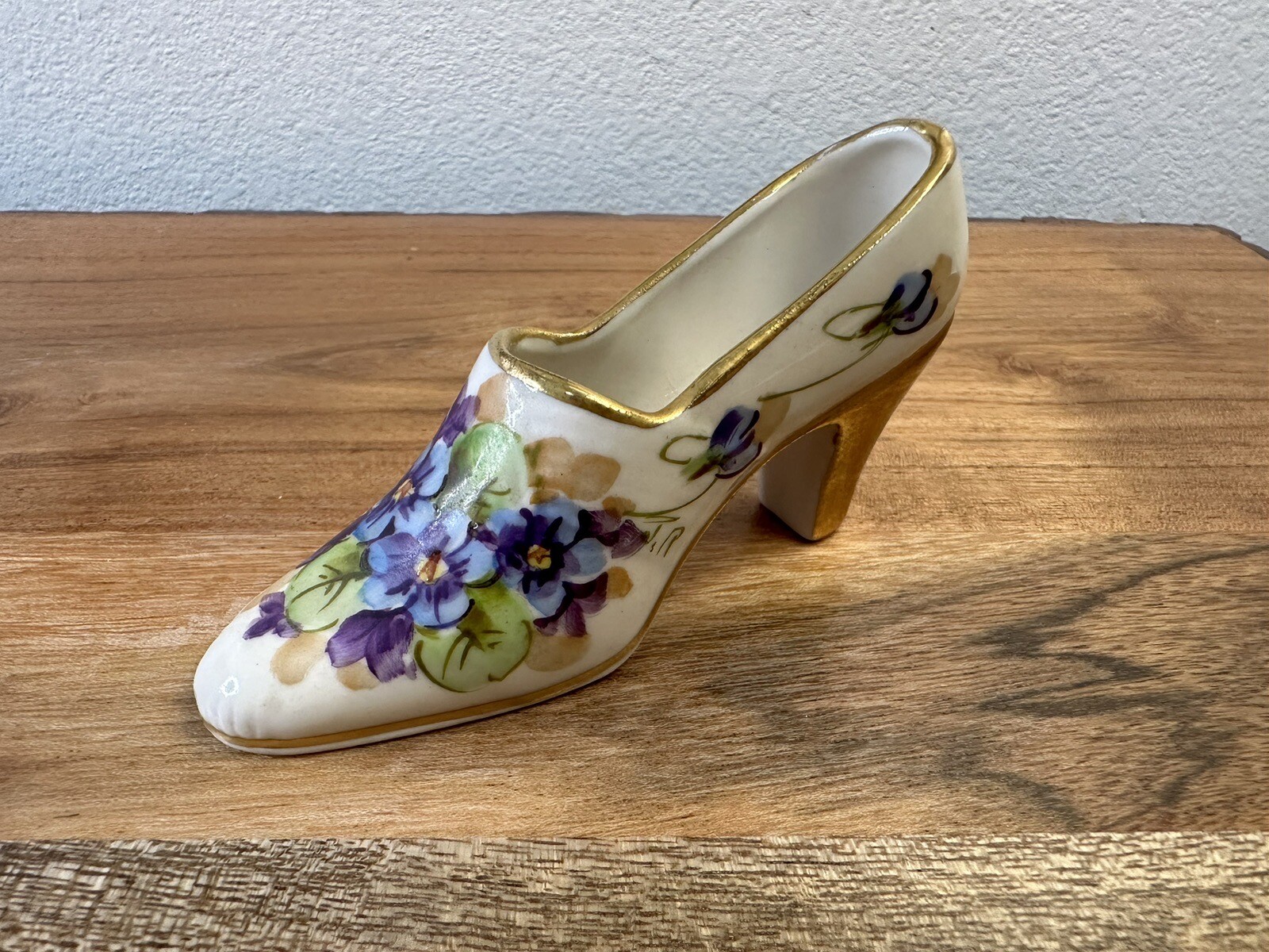 Vintage TOLPIN High Heel Miniature Hand Painted Floral Gold Leaf Ceramic Violets
