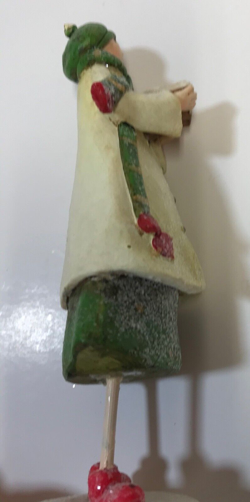 Caroler Figurine White Coat Green Scarf and Hat Red Shoes Song Book
