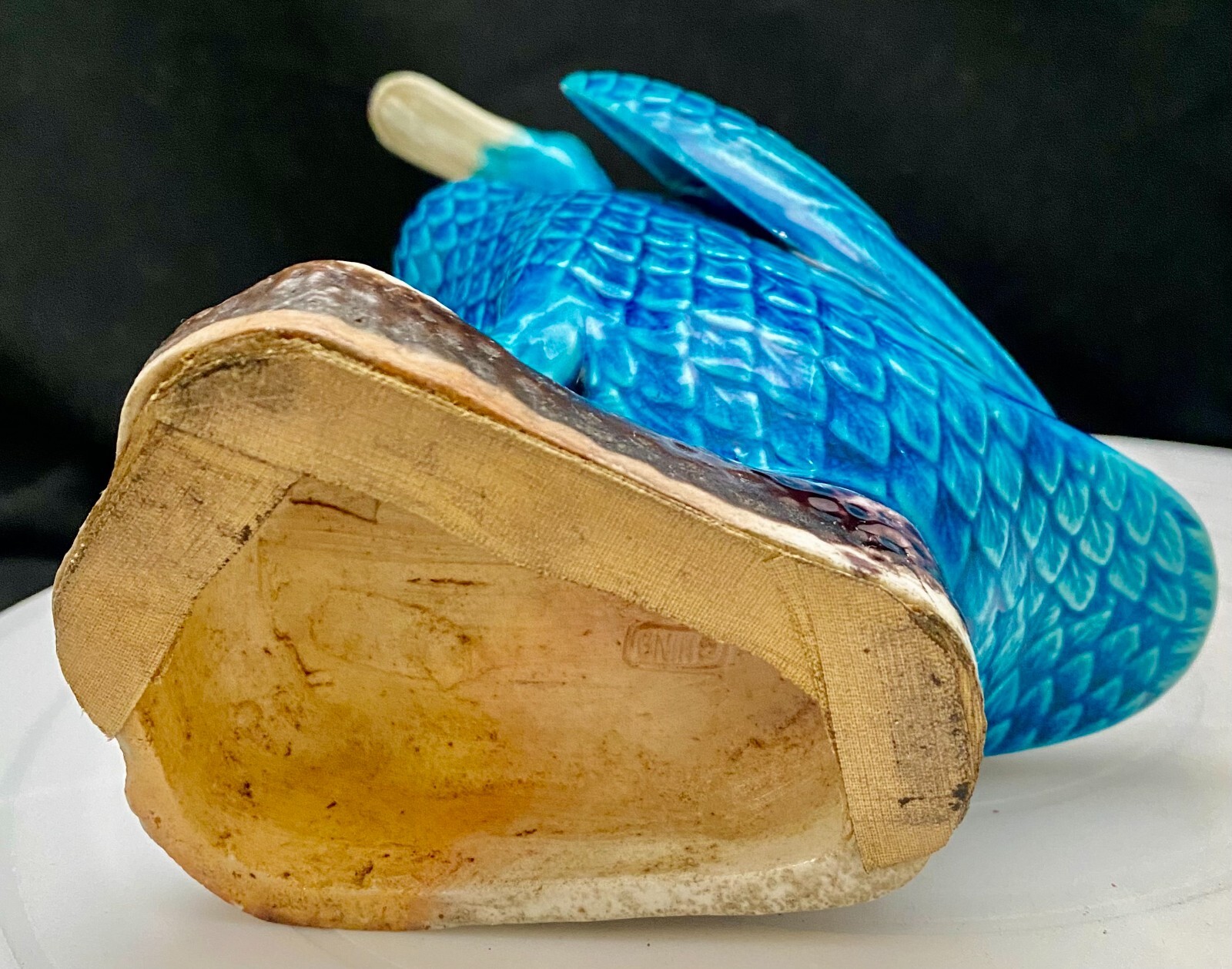 VTG PORCELAIN TURQUOISE BLUE DUCK GOOSE GLAZED MEDIUM/BIG FIGURE 8.7″ c1900 vg