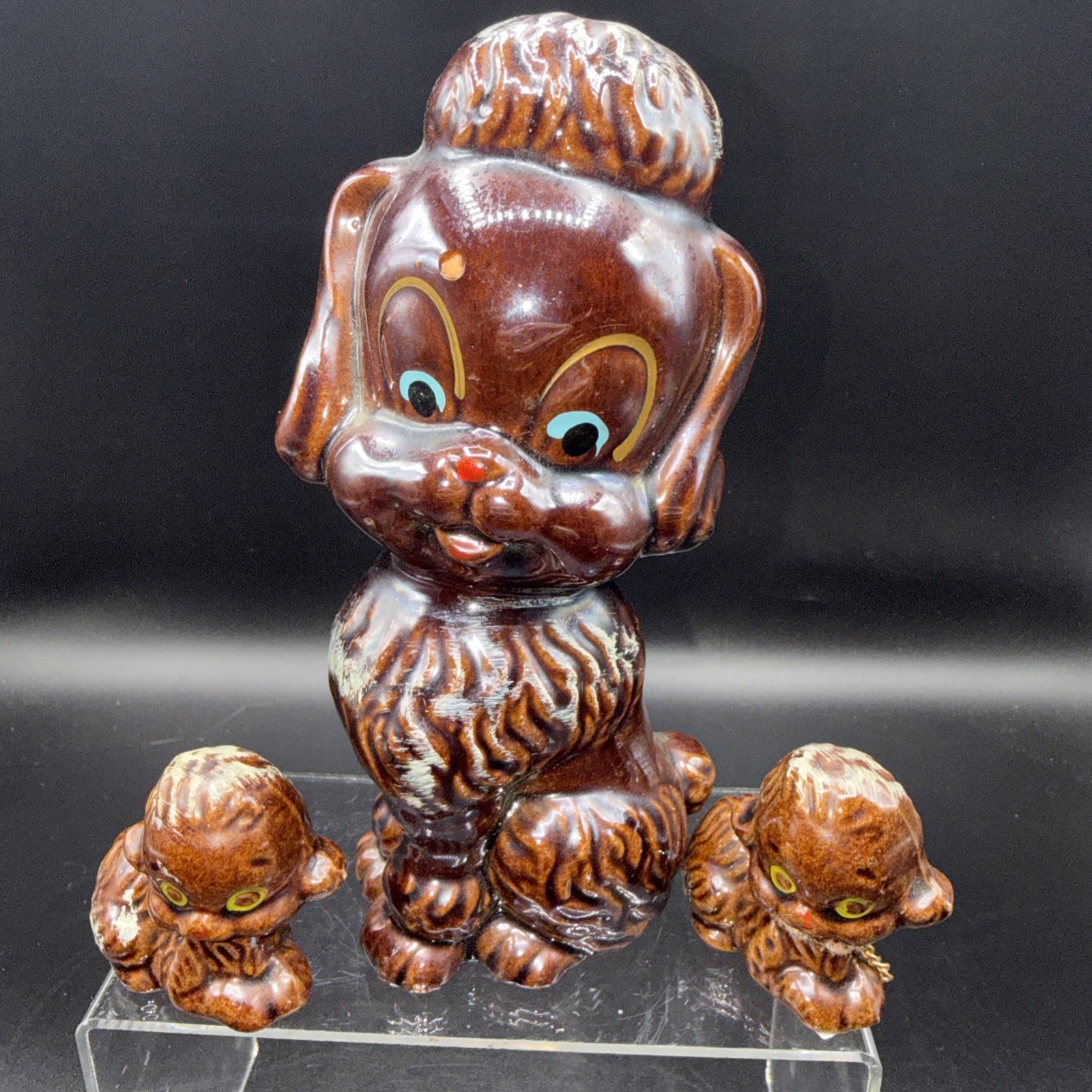 Japan Hand-Painted Anthropomorphic Redware Poodle Dog Mom 2 Puppies