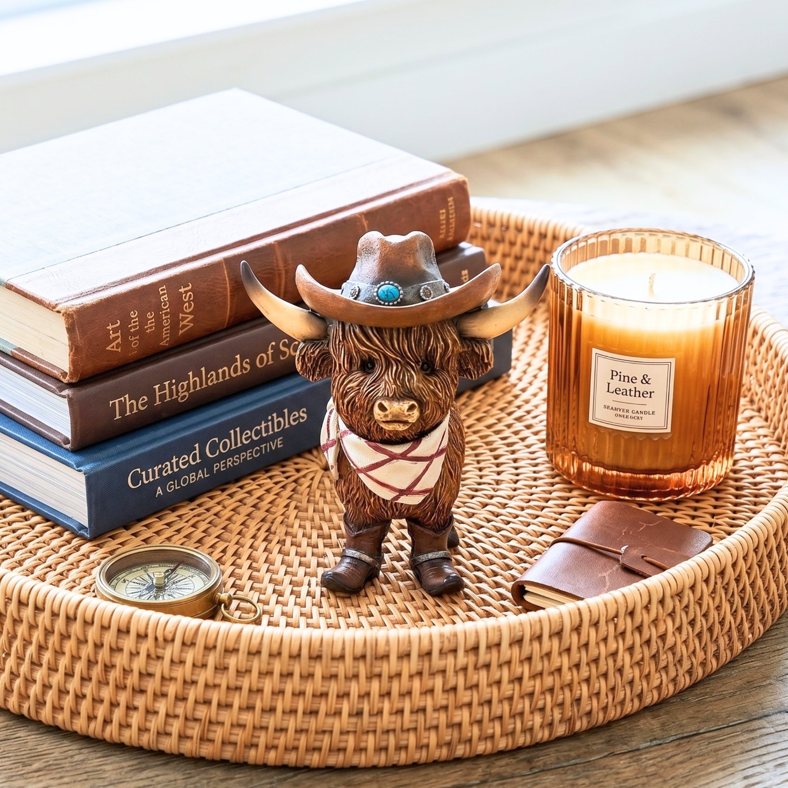 Western Cowboy Highland Cow Figurine – Rustic Resin Cow Statue with Hat & Boots