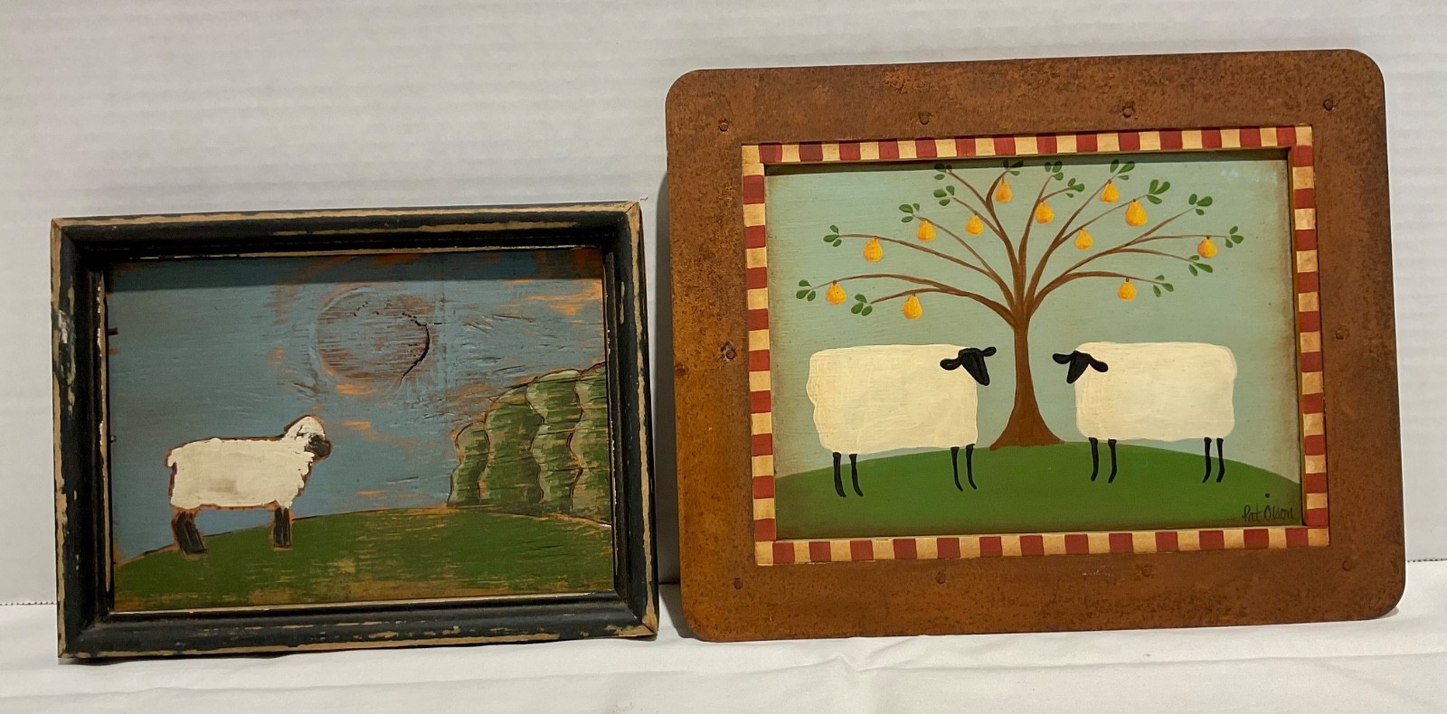 2 handcrafted painted sheep pictures Pat Olson