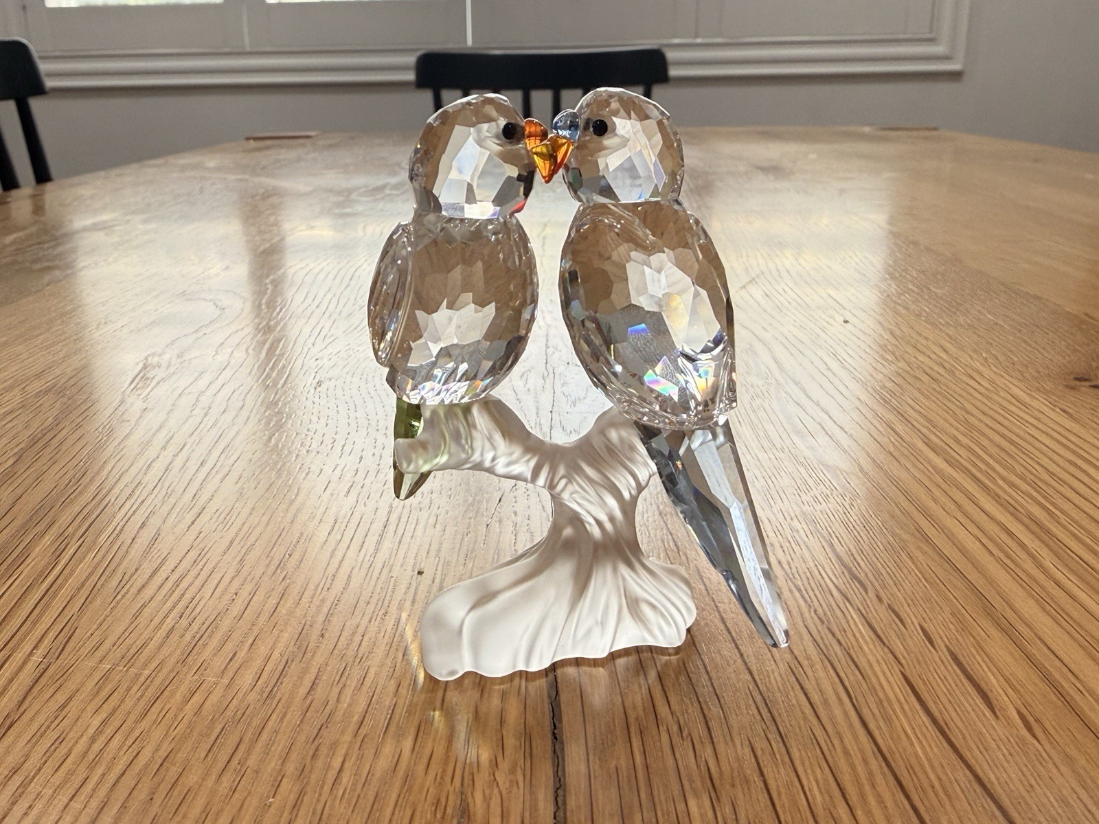 Swarovski Lovebirds / Budgies on Frosted Tree Stump Figurine