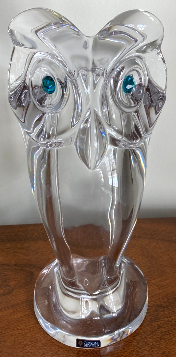 Vintage Cristal de Sèvres Large-Sized Owl Sculpture With Turquoise Eyes – 12″T