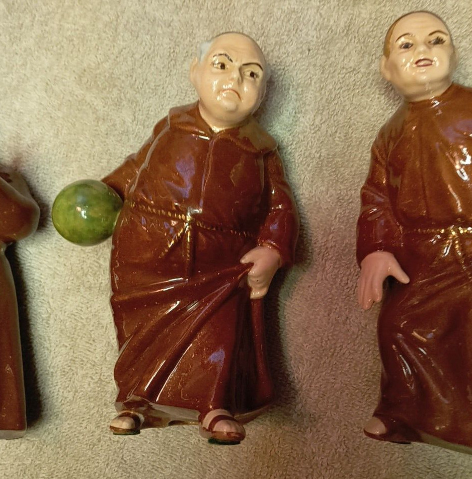 3 Monk Friars Bowling Figurines Ceramic MAYBELLE NEUGUTH SUPER RARE 1950 SIGNED