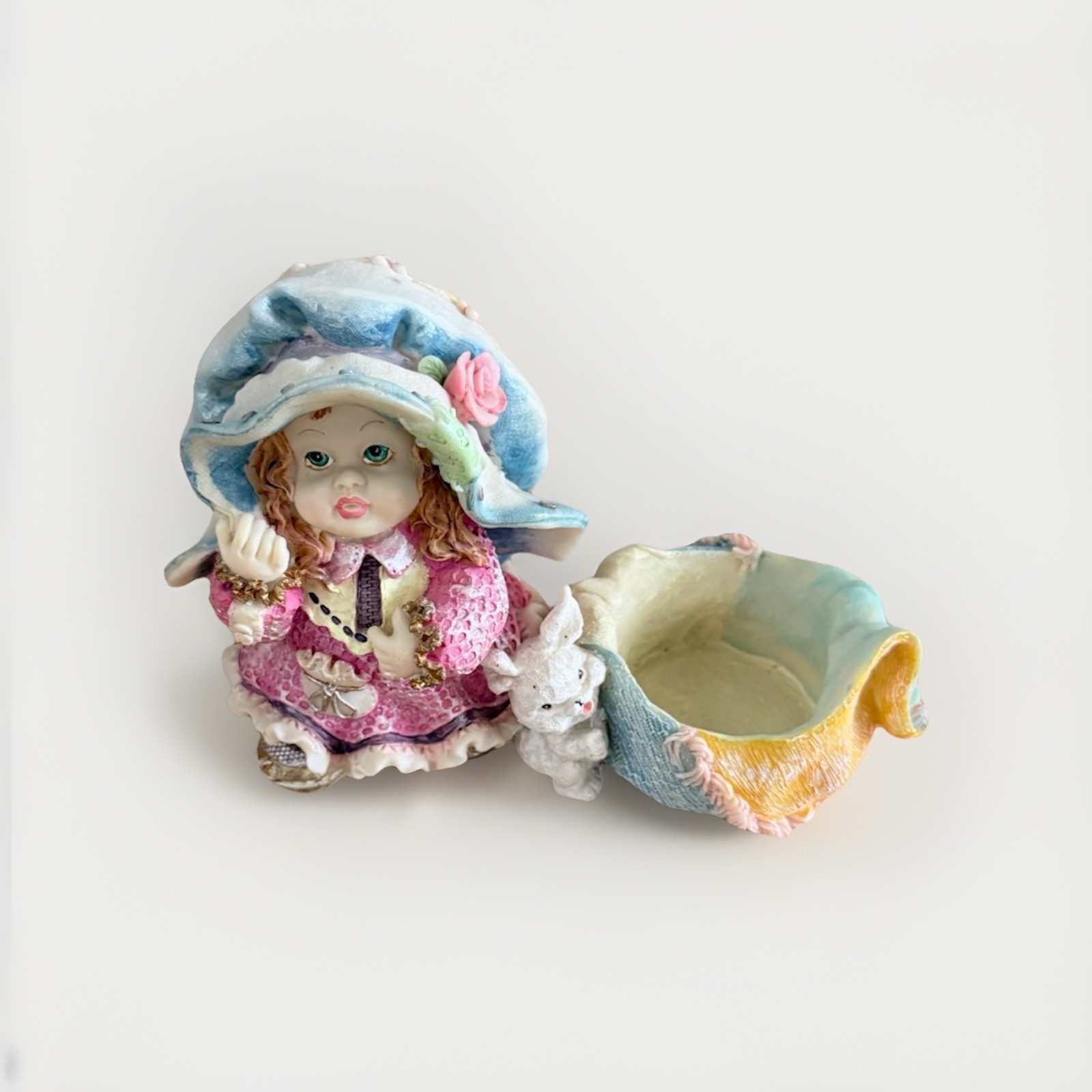 Vintage Collectible Figurine Girl Big Hat Pink Dress Resin 5.5 Inches Tall
