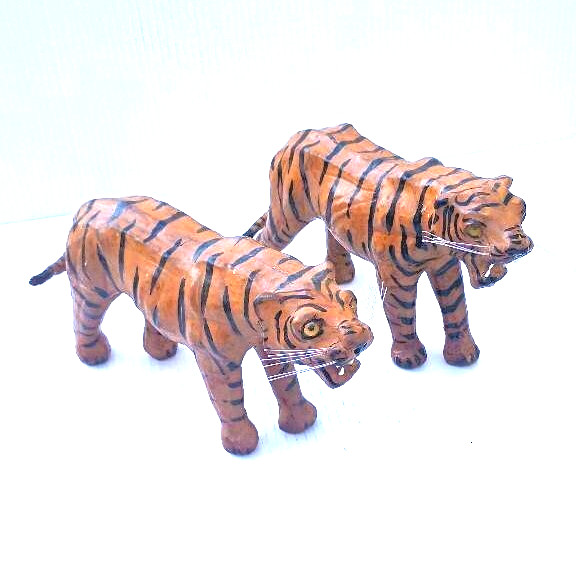 Pair of Mid-Century Leather Wrapped Paper Mache Snarling Tiger With Glass Eyes