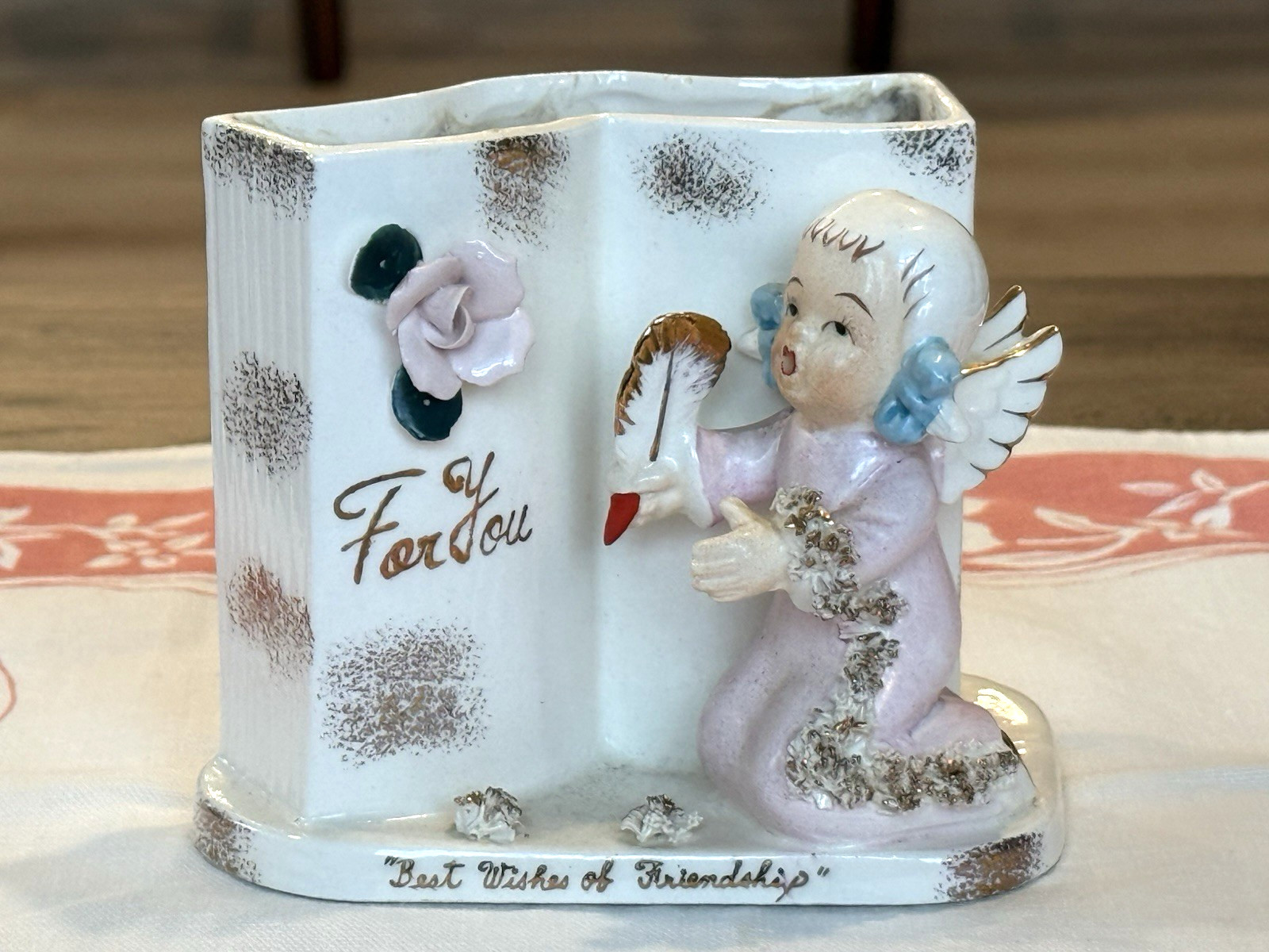 VTG “Best Wishes of Friendship” Ceramic Planter Pink Angel Figurine