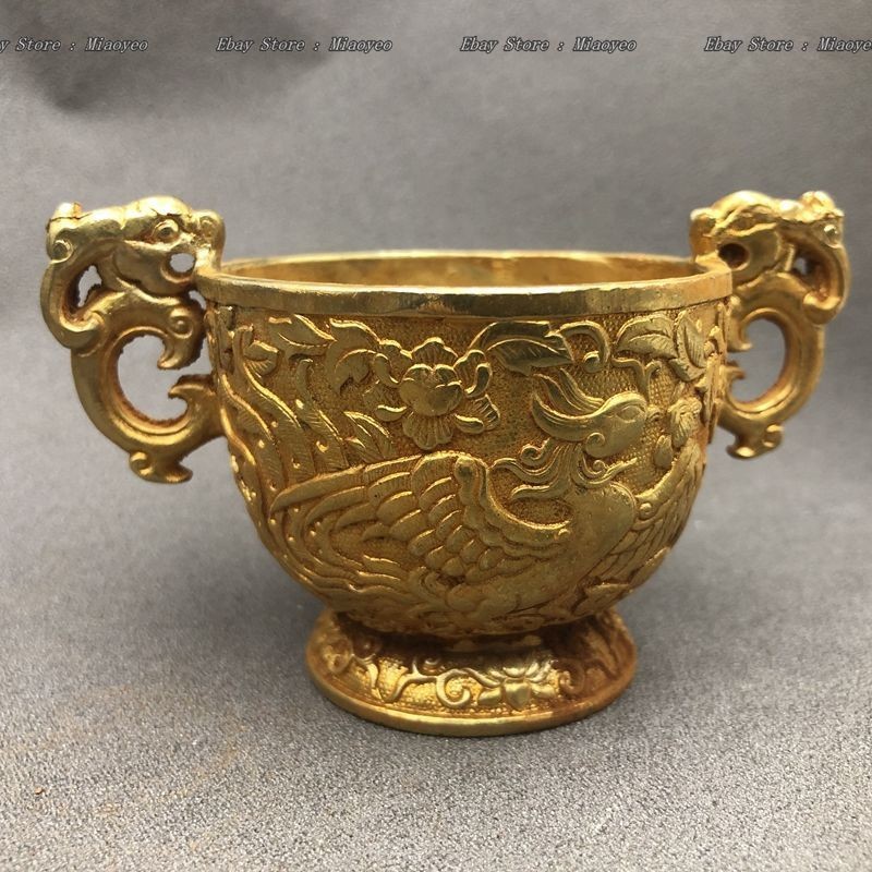 Antique Gilt Copper Cup 2.36″ – Dragon Phoenix Embossed Wine Goblet