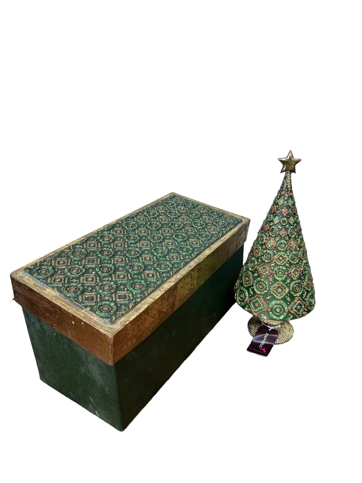 Green Copper Gold Resin Glittered Cone Tree On Base Matching Decorative Box NOS