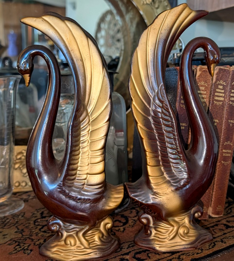 Vintage MCM Redware Swan Figurine Brown & Gold 10” Set of 2 (M13)