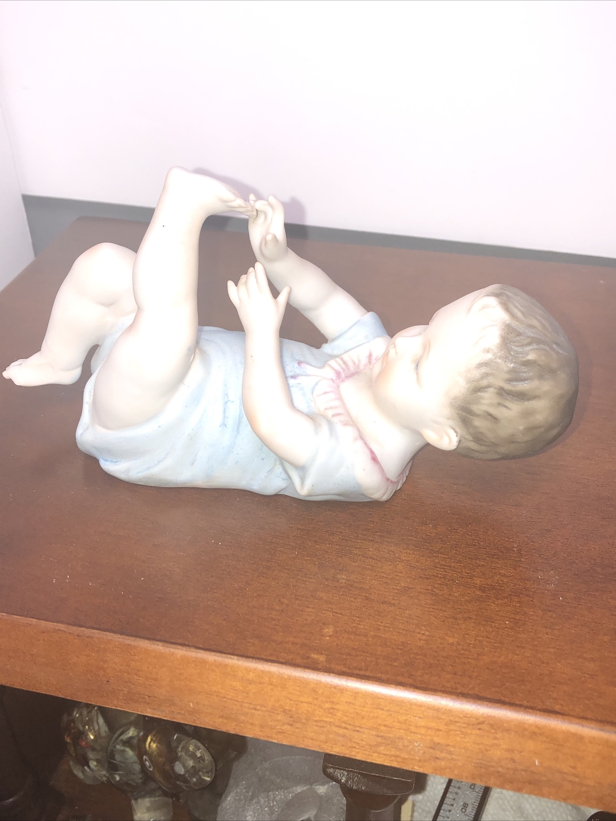 Antique Piano Baby Bisque Porcelain 6″ Blue Boy c1890 Figurine Ink Mark 8131