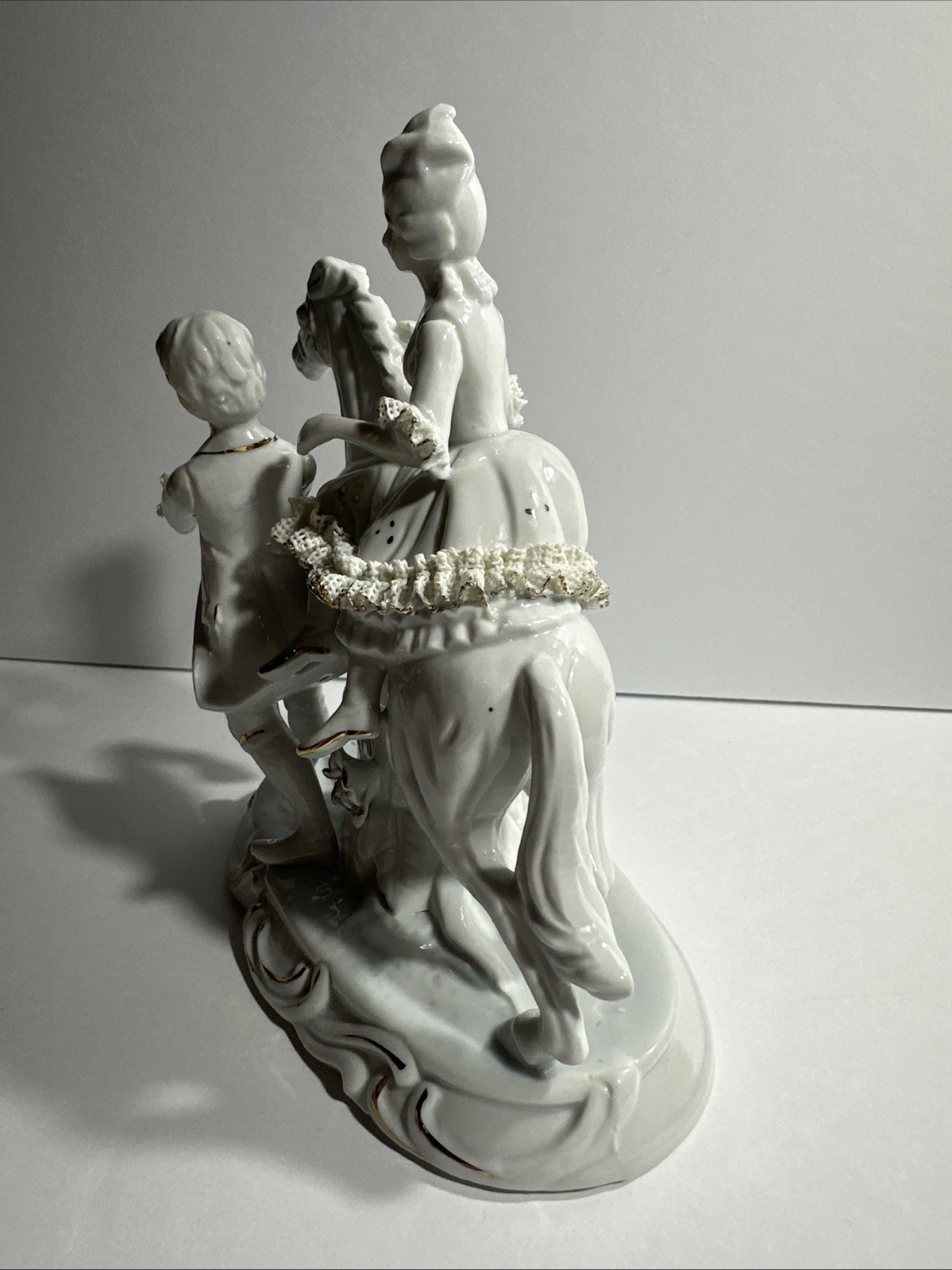 Vintage Victorian Couple Figurine Women On Horse White & Gold Porcelain