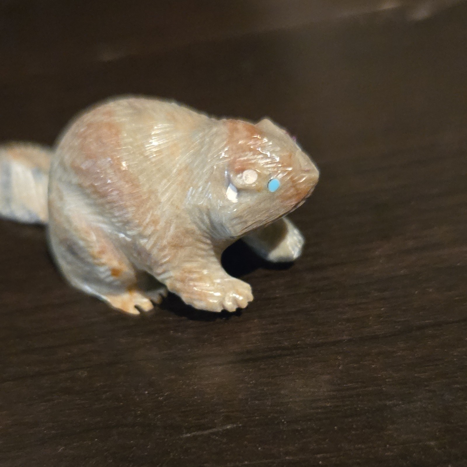 Small Brown Beige Gray Stone Beaver Figurine with Carvings, Animal Head
