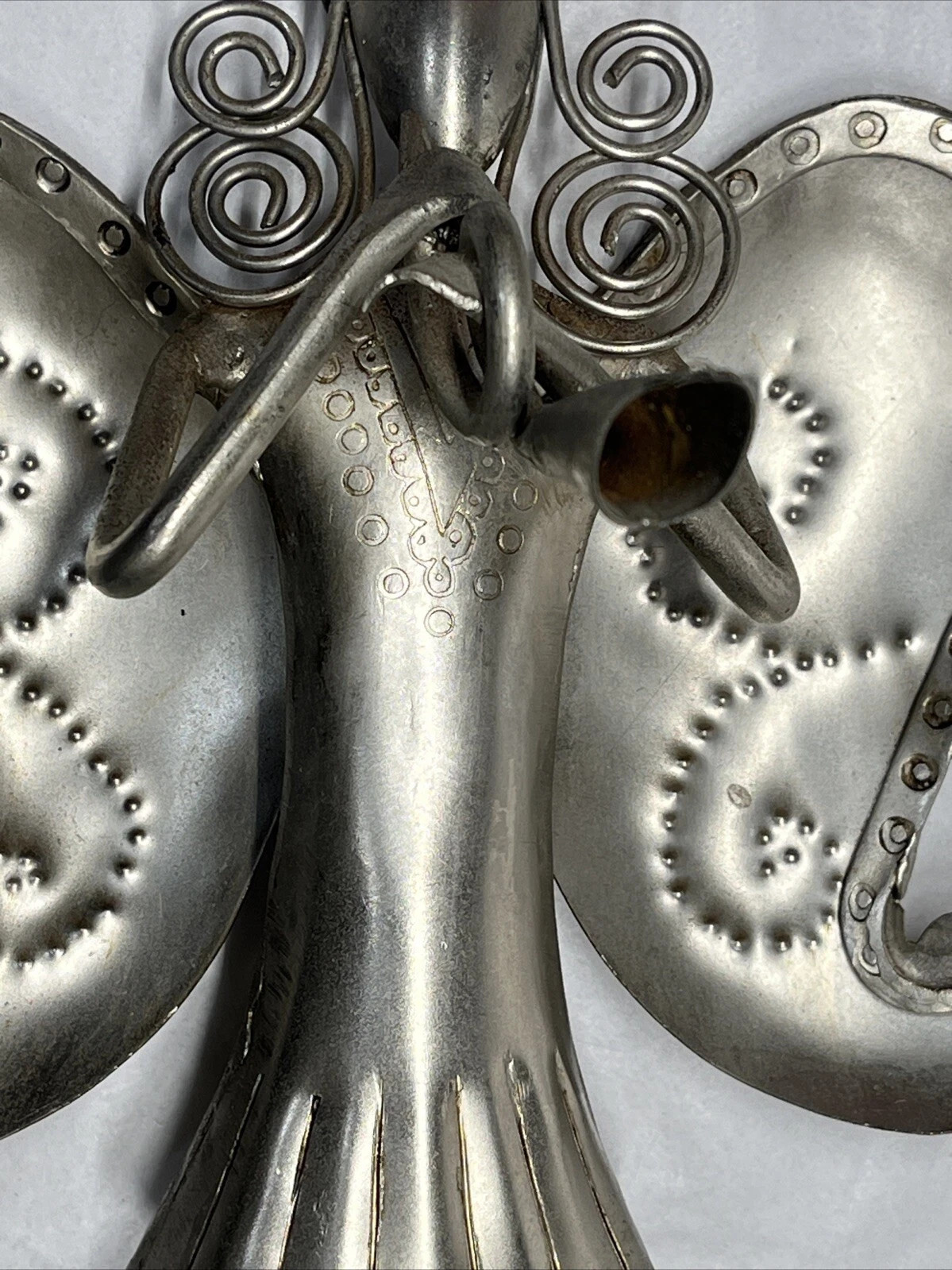 Metal Sculpture Folk Art Angel Playing Horn 17″ Tall Vintage