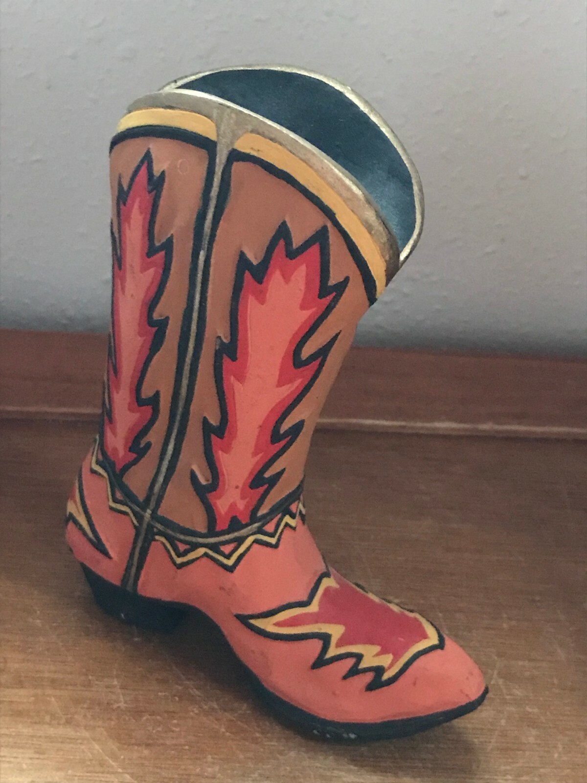 Small Orange Red & Brown Painted Hollow Ceramic Western Cowboy Boot Figurine –