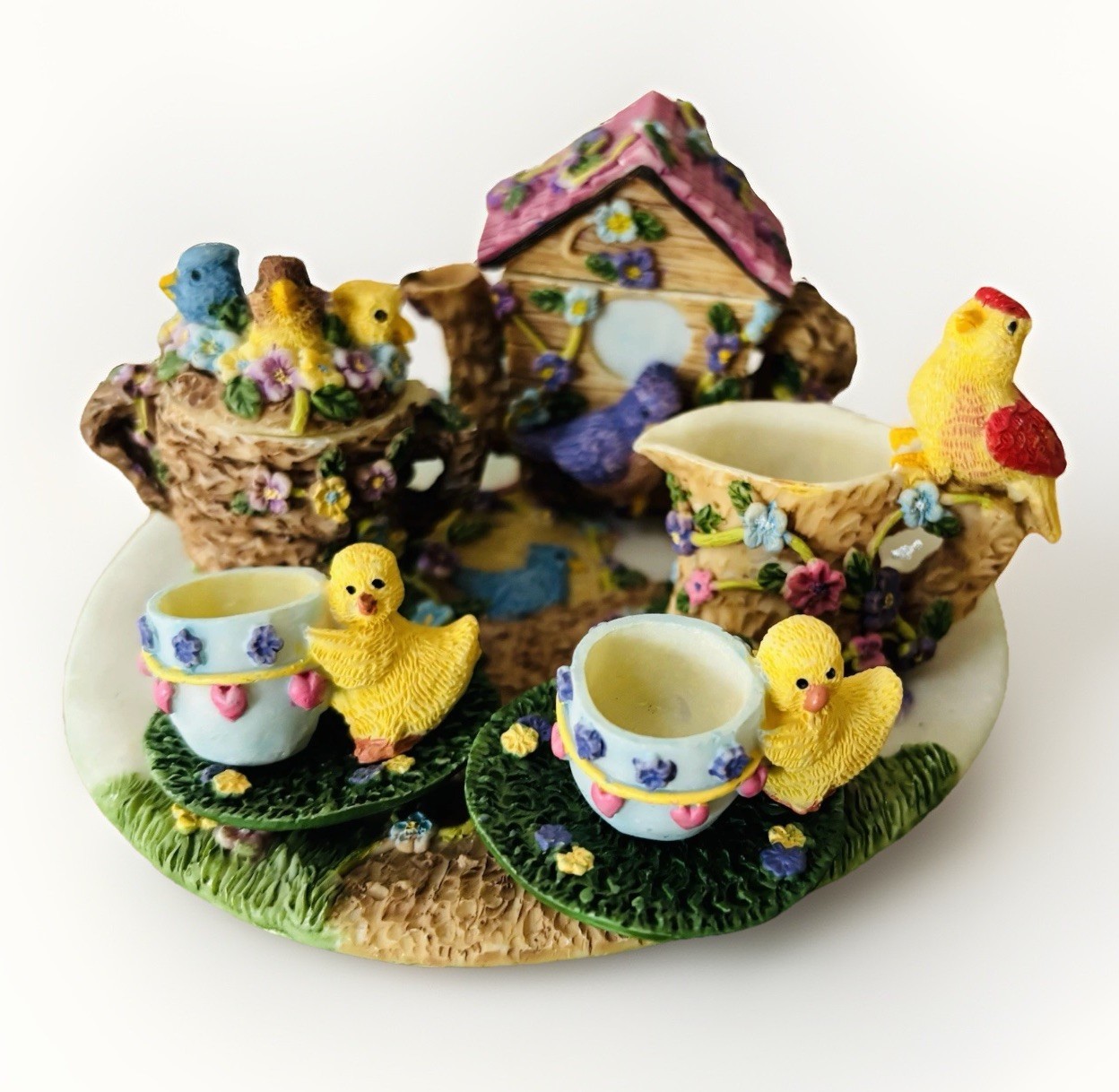 10 Pc Mini Resin Tea Set With Bird House Chicks, Nest, Teapot Adorable Details