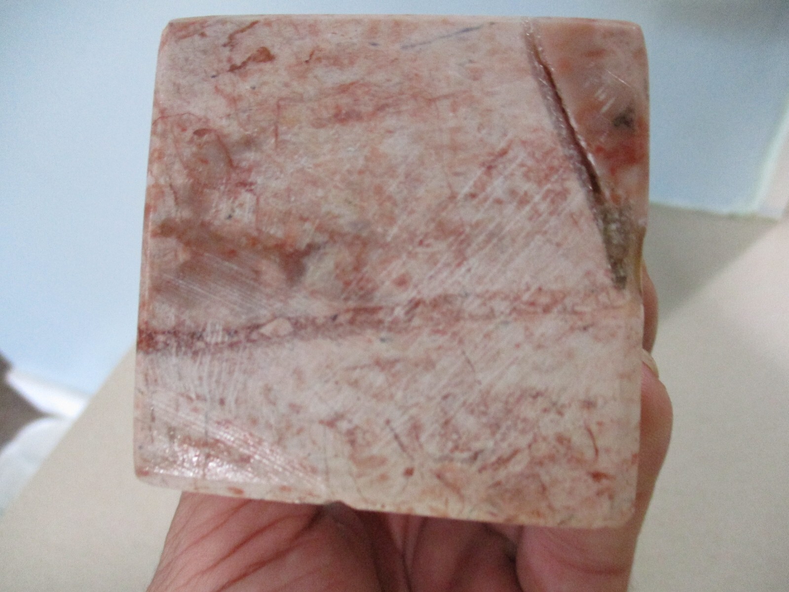 Vintage Marble Obelisk white & pink and salmon colored veining 5.75” Pyramid