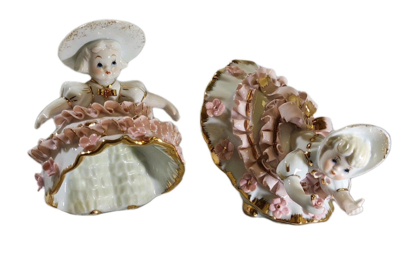 Vintage Porcelain Southern Belle Figurine Set Pink Gold Ruffle Dress 2 Piece