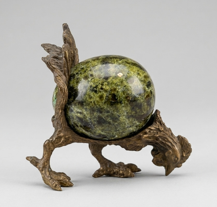 Vintage USSR Bronze Rooster Sculpture Figurine Serpentinite Gemstone Egg Casted