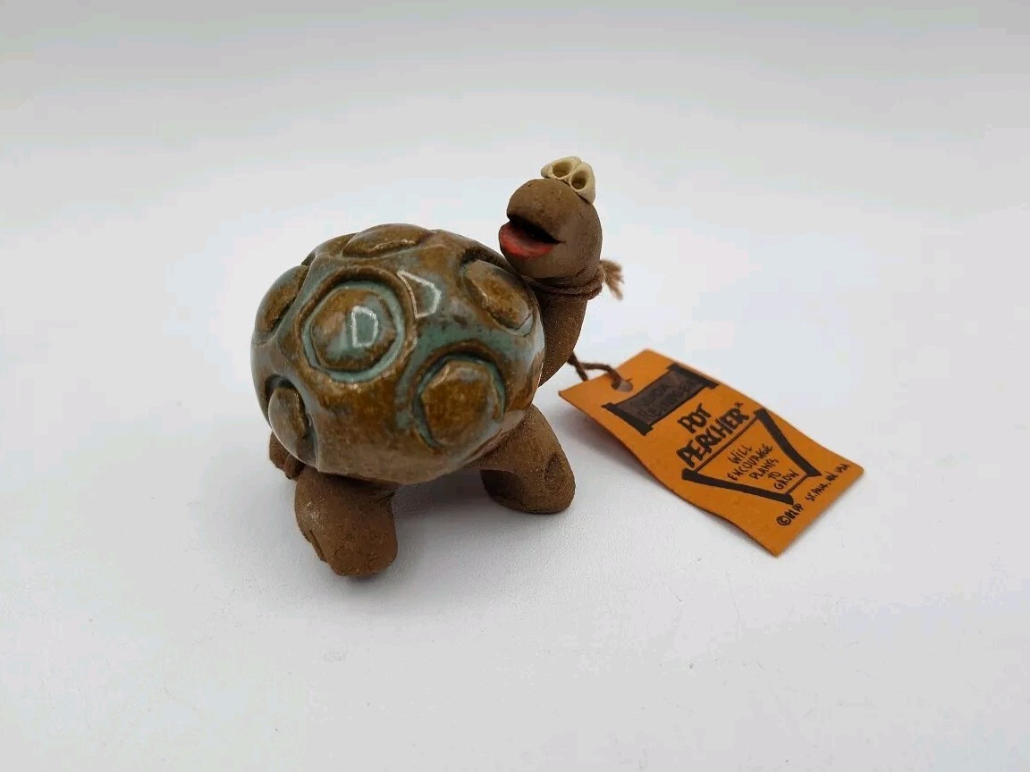 Vintage Pot Percher Turtle Stoneware Figurine Clay Goofy Cartoon 1980s Rhoda
