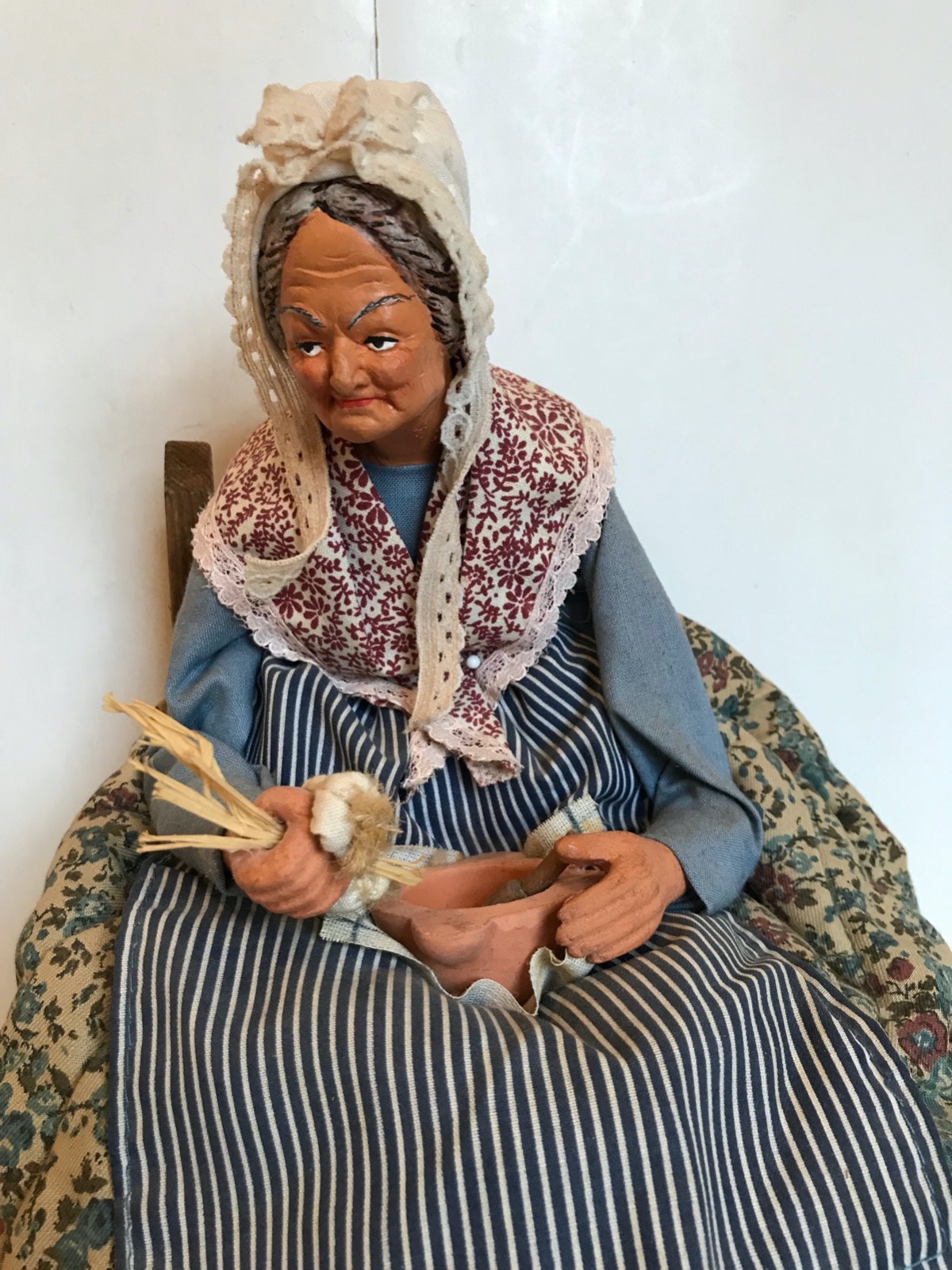 French Made Santon Old Woman w/Mortar& Pestle & Garlic Clay Body France