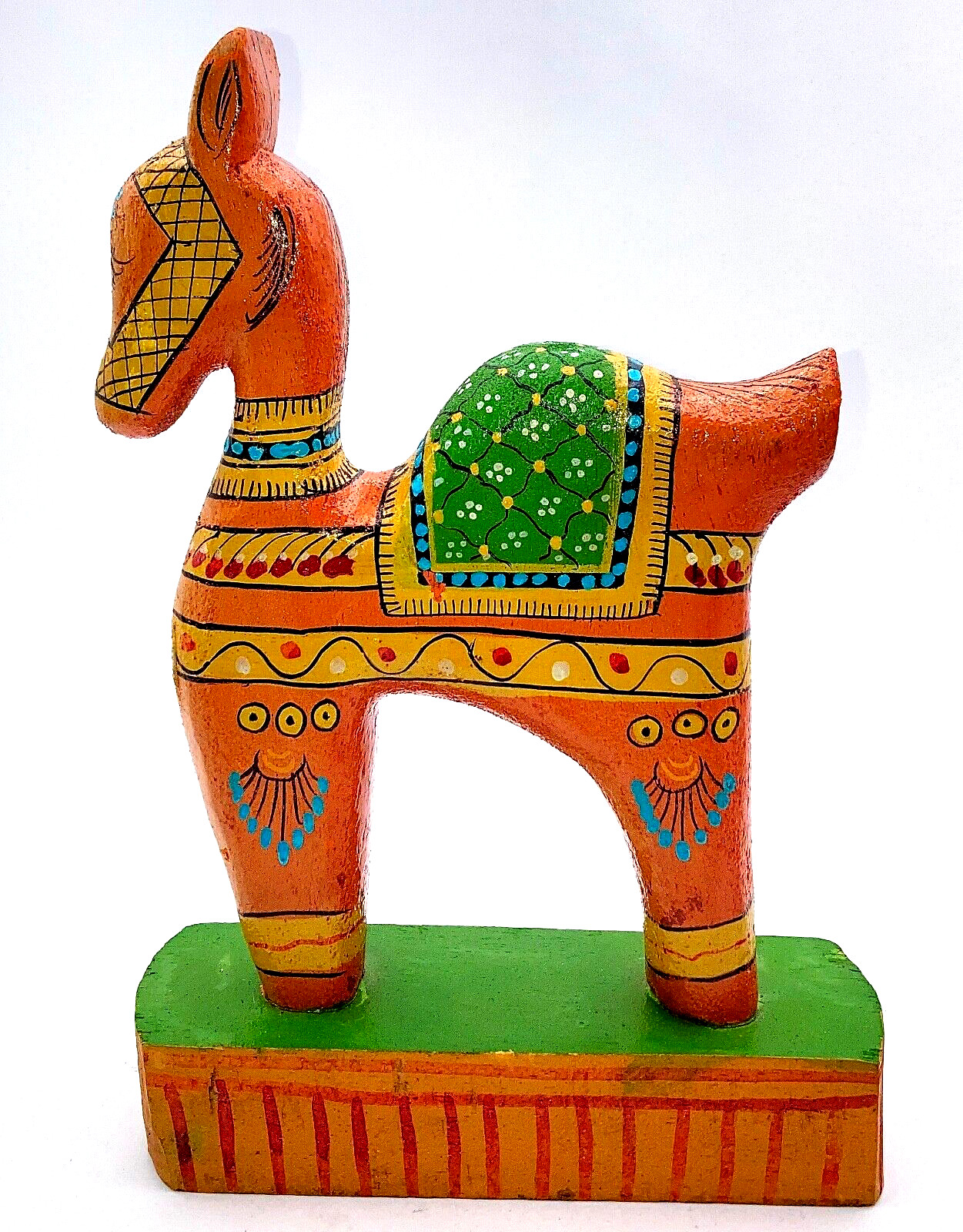 Folk Art Camel Hand Carved and Painted Orange Made in India 10 1/2″ T x 9″ L