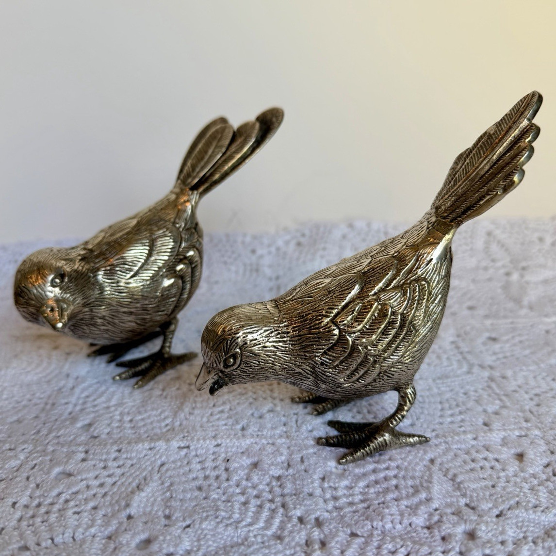 Vintage Pair Lacquered Silver Bird Figurines Made in India Heavy Cast Metal