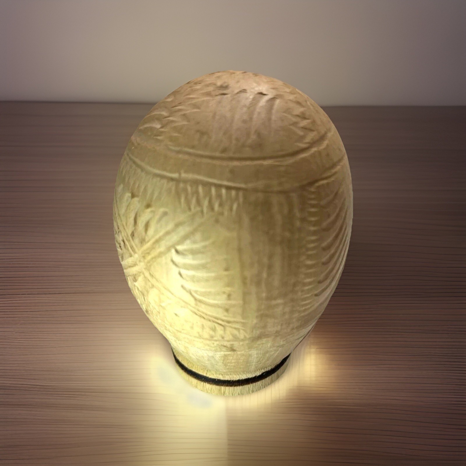 Carved Coconut Shell Wooden Egg with Stand Home Office Decor Gift 2 Piece