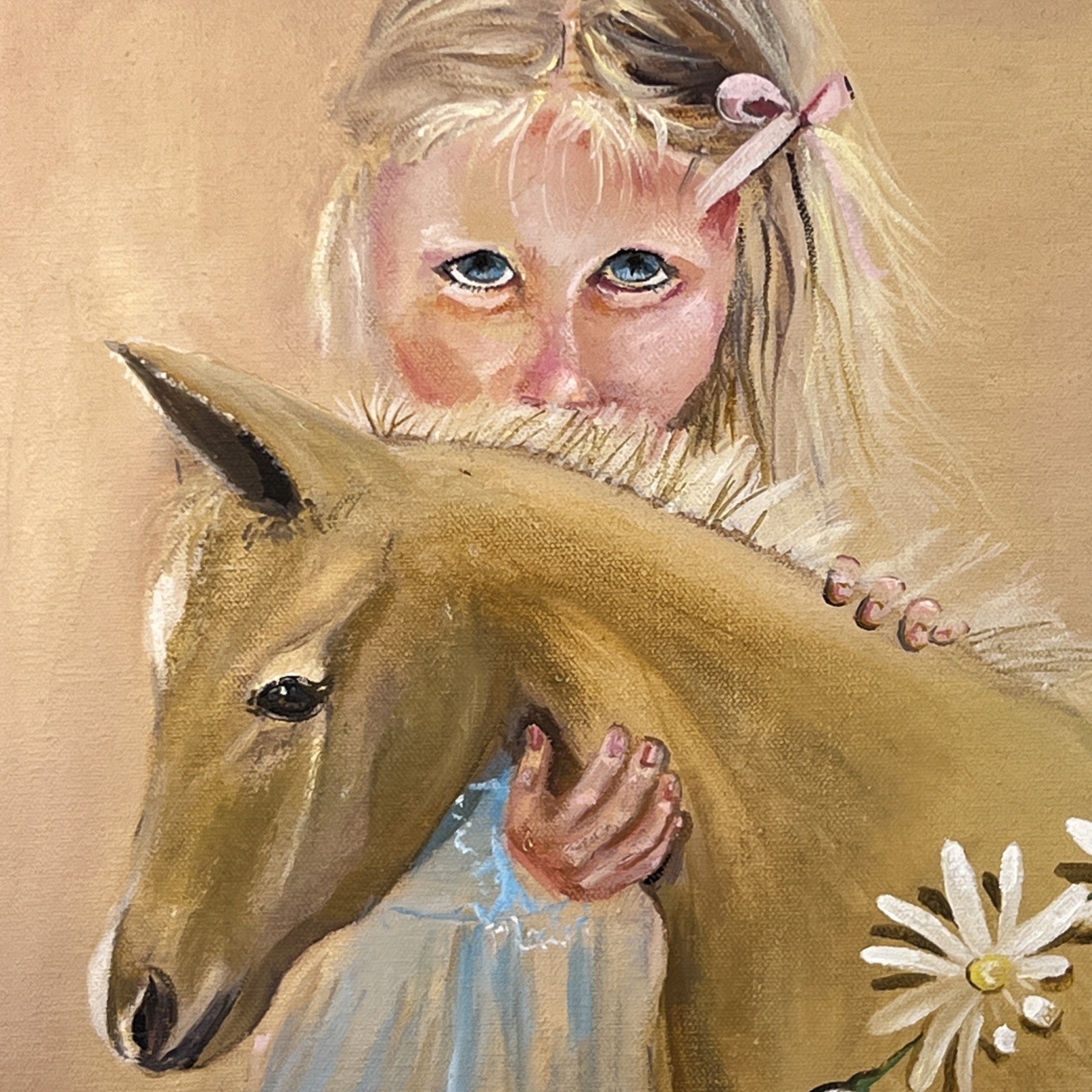 Original Oil Painting Girl with Pony Horse & Daisies Canvas 14×18 Signed Art OOA