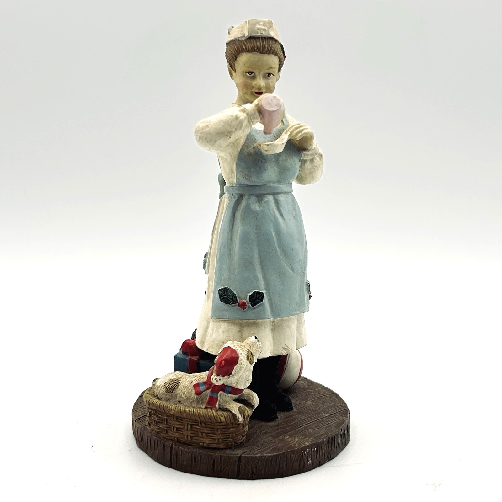 Vtg 1993 Nurse Figurine Stone Resin 6in Puppy Christmas Tree Signed NA Americana