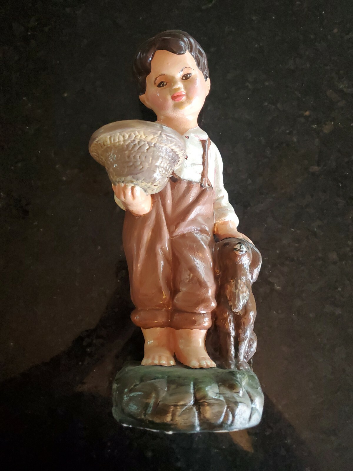 CAFFCO Brunette Boy Figurine Brown Overalls w Dog & Flowers RARE Vintage 12.5 In