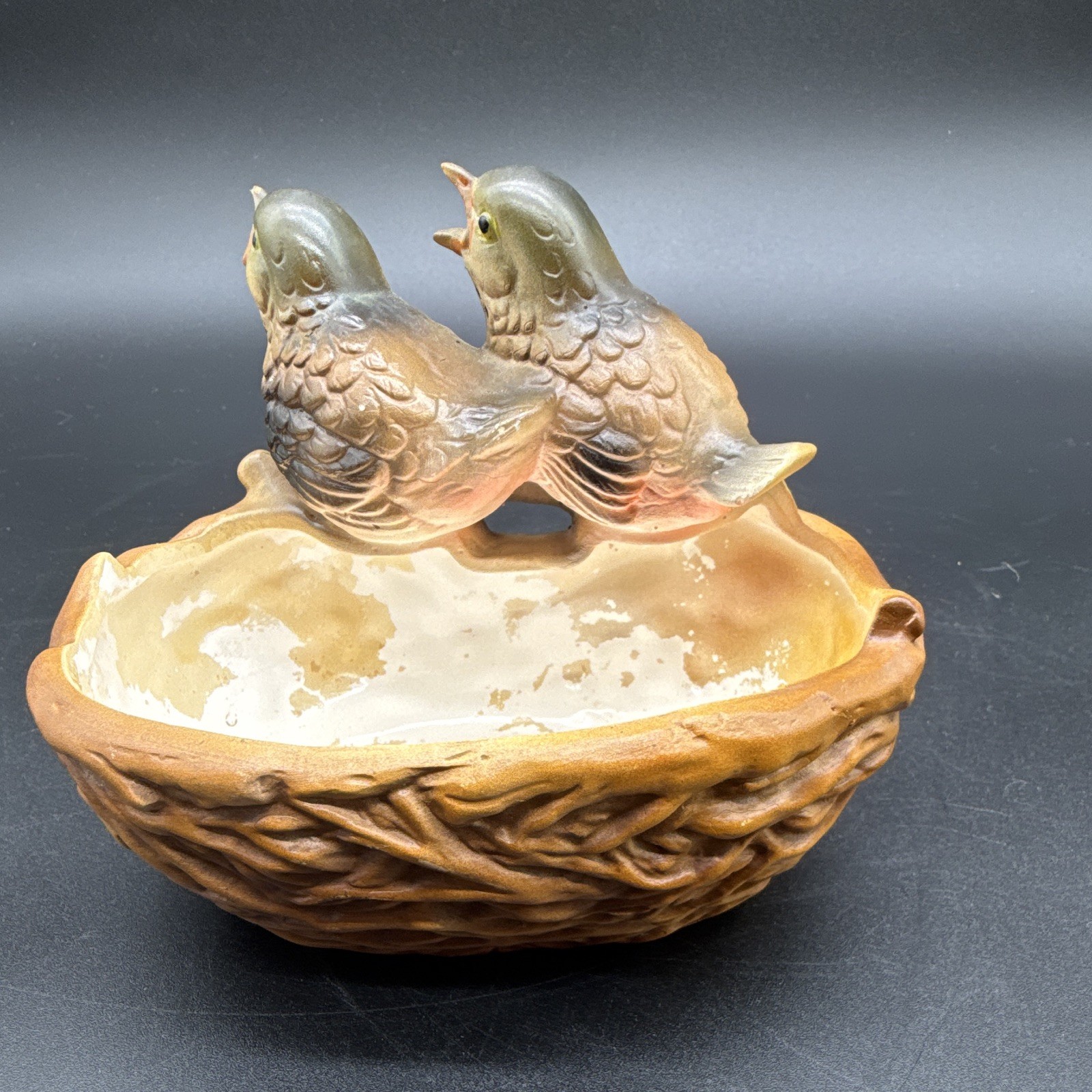 Painted ceramic bird figurine in nest bowl trinket dish, brown gray beige