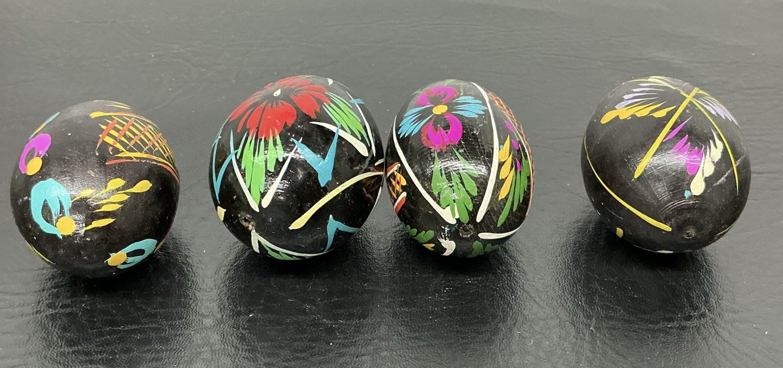 4 Vtg Easter Egg Wooden Hand Painted Ukrainian Polish Black Colorful Eggs