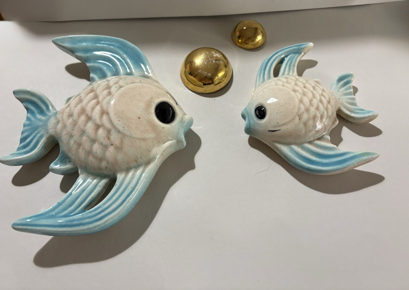 Vintage Ceramic Blue & White Fish Wall Figurines Set of 2, Glazed Nautical